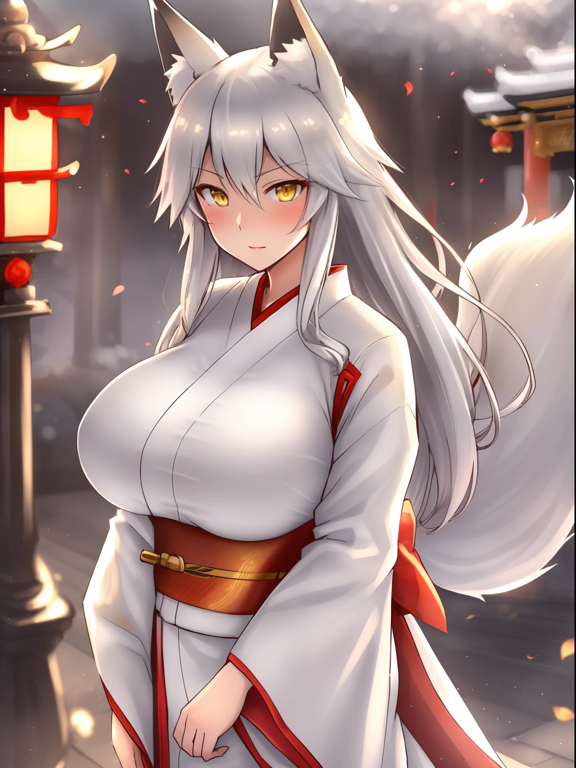 masterpiece, best quality, kitsune 1girl, solo, beautiful kitsune woman, fox ears, bangs, white hair, very long hair, blue eyes, grin, medium breasts, black choker, white kimono, long kimono, long kimono sleeves, blue sash, 5 white fox tails, white hair, looking at viewer, shrine background
