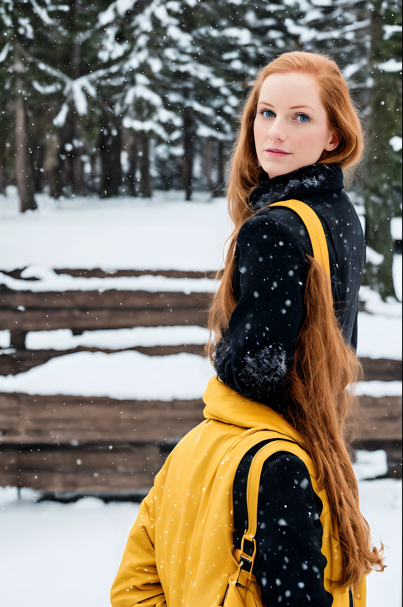 woman with long ginger hair wearing a red scarf, a black jacket and a yellow backback in the snow