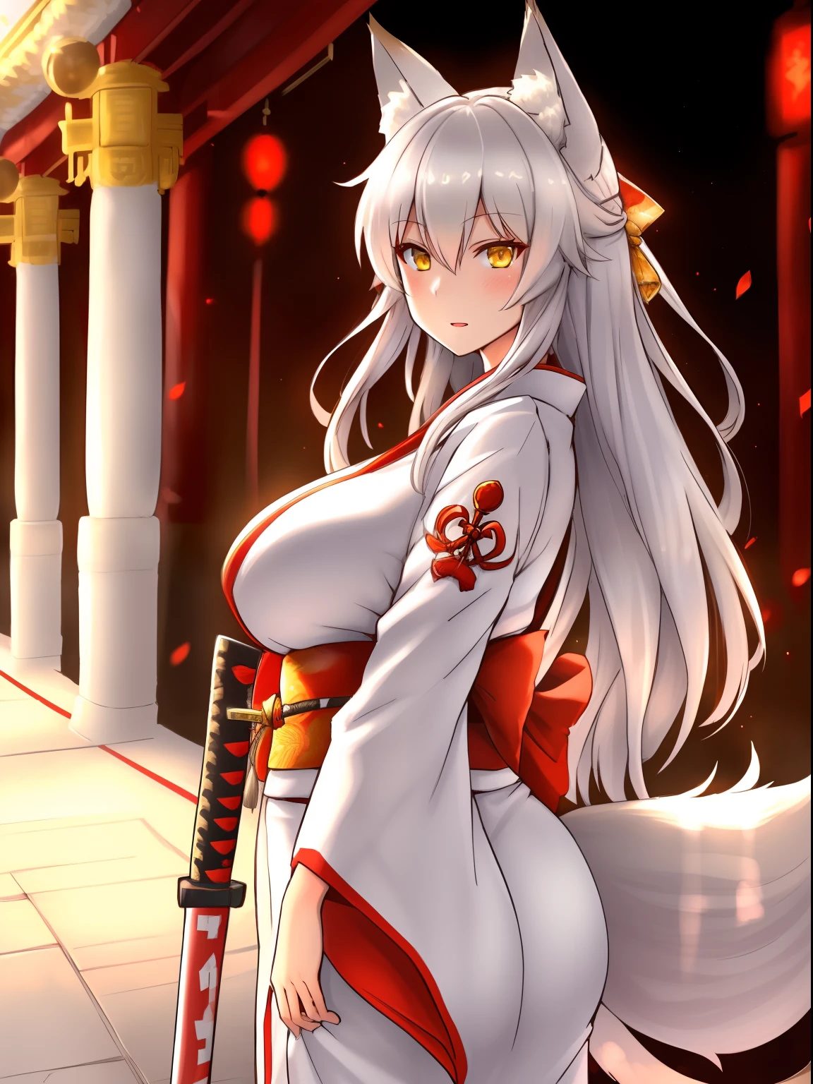 (((best quality))), (((highres:1.1))), (silver long hair), (yellow eyes), (fox ears fox tail:1.2), (huge breasts:1.2), (white kimono red details:1.2), (human nose), (semitransparent), (temple walking), (katana)