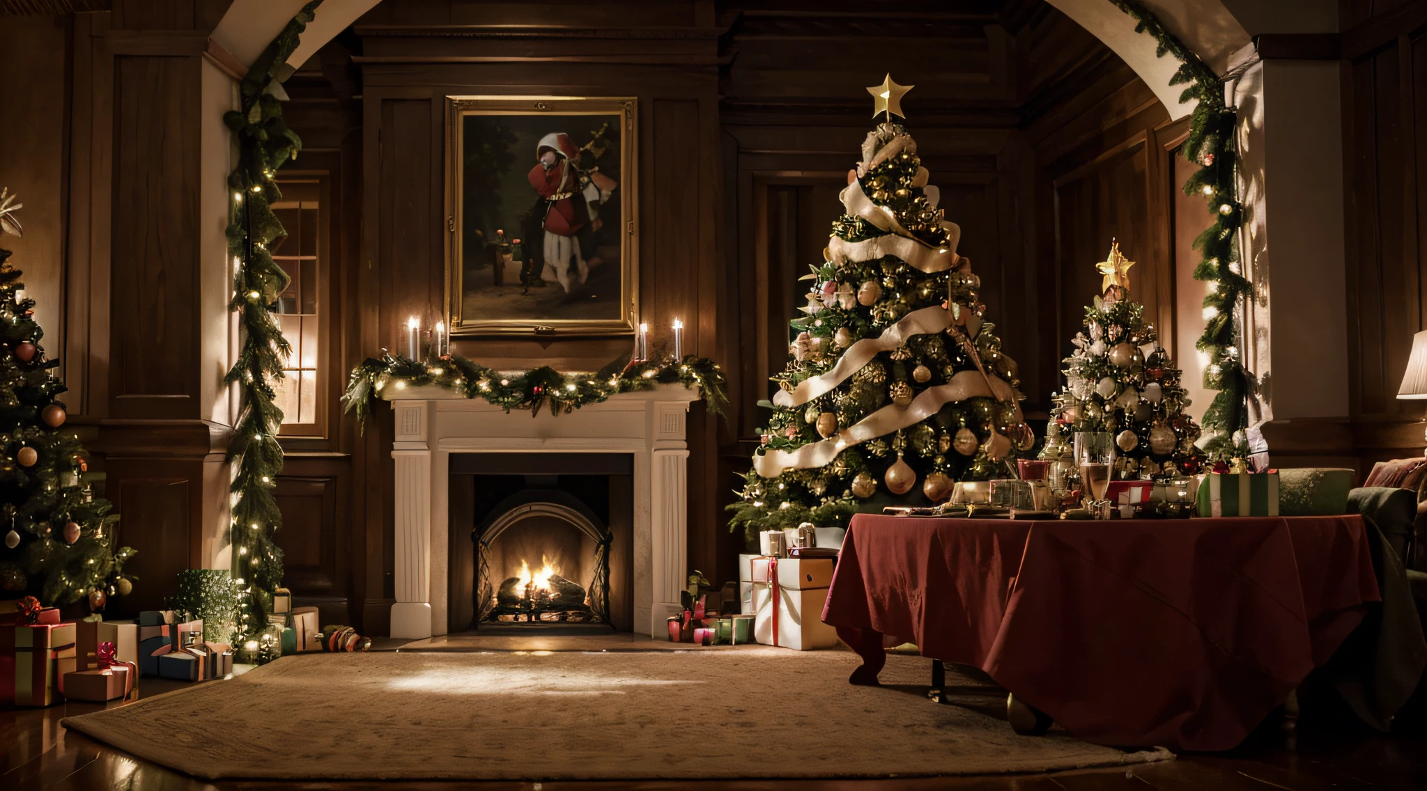 Draw a Christmas scene that emanates a sense of pure joy and family warmth. Imagine uma sala de estar decorada de forma festiva, with a resplendent Christmas tree in the center, iluminada por luzes suaves. The tree is richly festooned with colorful and bright ornaments, And underneath it are carefully wrapped gifts. A lareira crepita ao fundo, casting a soft, warm light on the scene. Do lado de fora, a janela revela uma paisagem de inverno, com flocos de neve caindo suavemente. Perhaps a glimpse of Santa Claus or a reindeer-drawn sleigh might be suggested on the horizon, Adding a magical touch to the scene. This image should capture the essence of Christmas, with an emphasis on joy, Togetherness and love in an ultra-realistic and cinematic atmosphere. Be sure to include advanced details that make the scene truly captivating and emotive.