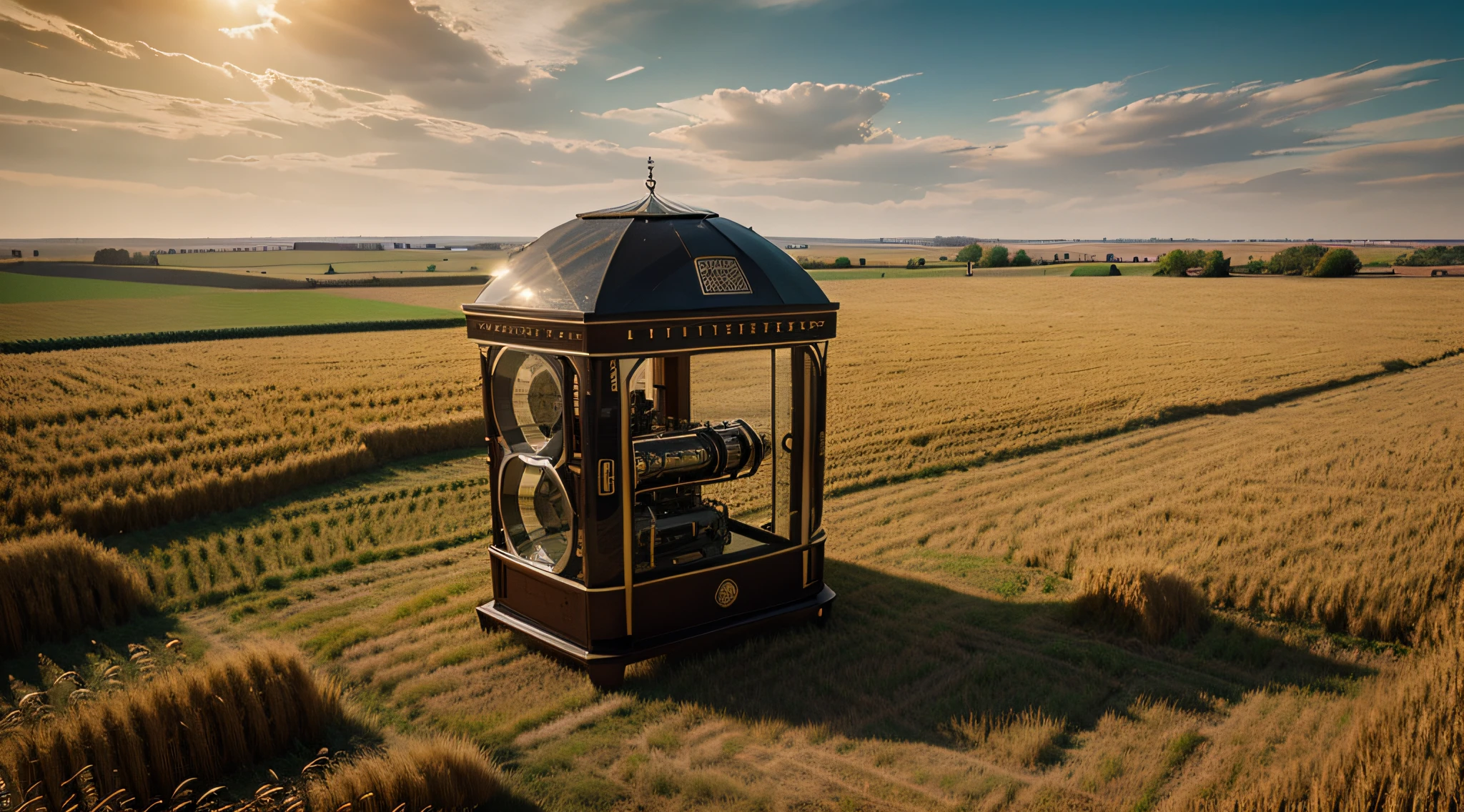 Create an image of a time machine in the middle of a wheat field in the 19th century.