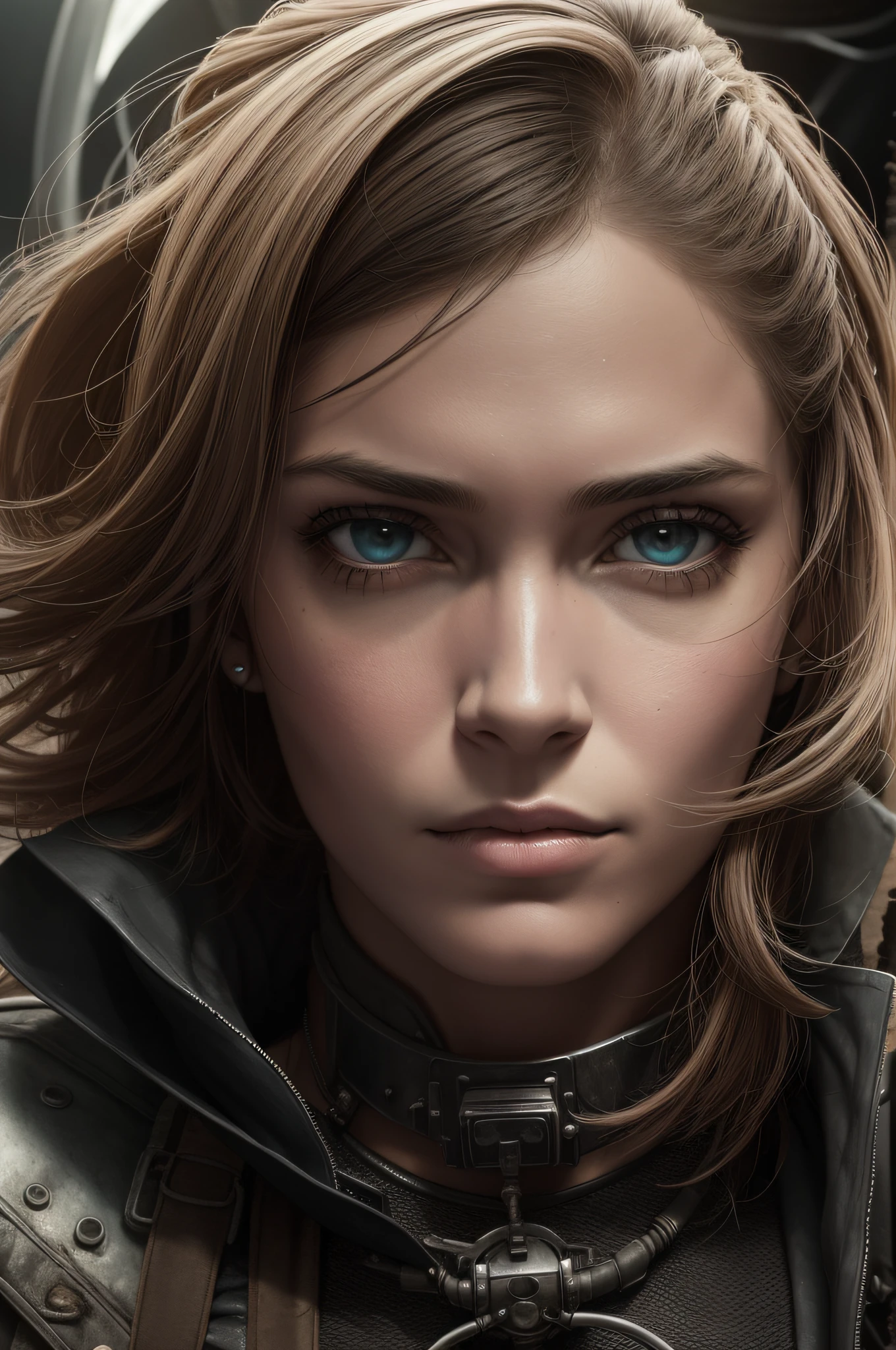 retrato 1 mulher jovem ,science fiction, punk de fundo complexo, Mad Max , Futuristic, post apocalyptic, Escuro, luz fraca, ((master part, best quality, )),