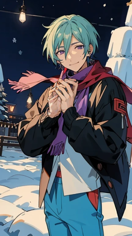 tatsumies, purple eyes, looking at viewer, smile, :3, blue eyes, long sleeves, hair between eyes, male focus, earrings, pants, blue pants, scarf, winter