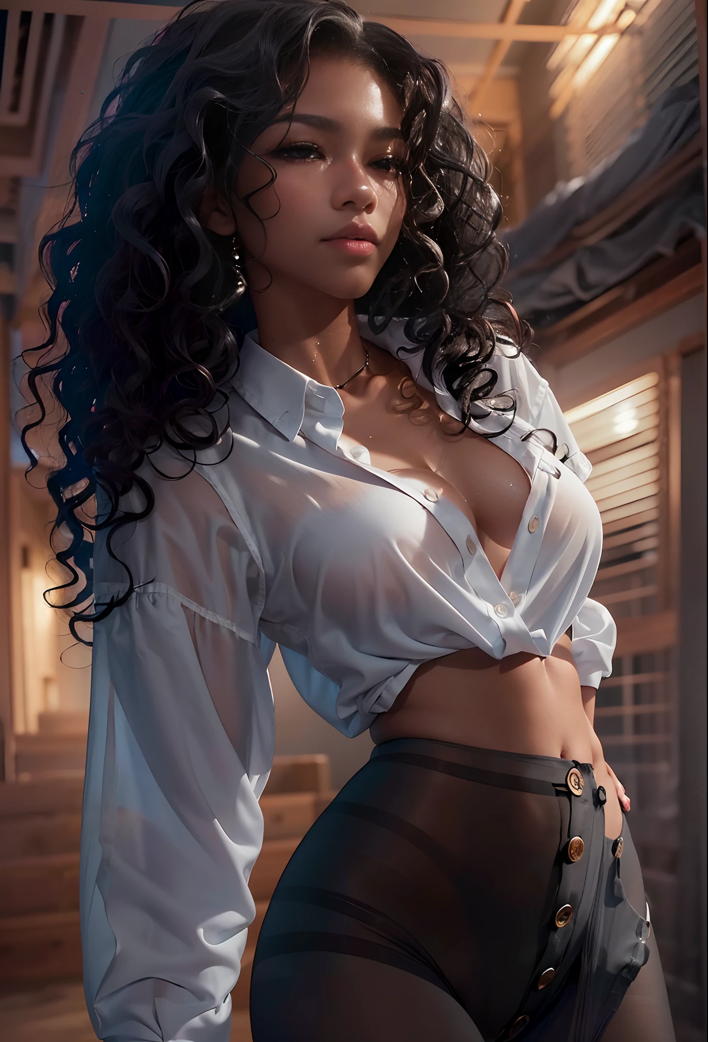 ((21-year-old))), black girl, (((light skin))), (((full body pose))),  (((long curly black hair))), (((wearing only a mans long, white, button-up shirt, unbuttoned))), (((seamless, black, pantyhose under the shirt))), dark fantasy, Rich, Deep Colours, (intricate details:0.9), (HDR, hyper-detailing:1.2), (natural skin textures, hyper realisitc, glistening skin, soft light, Sharp),