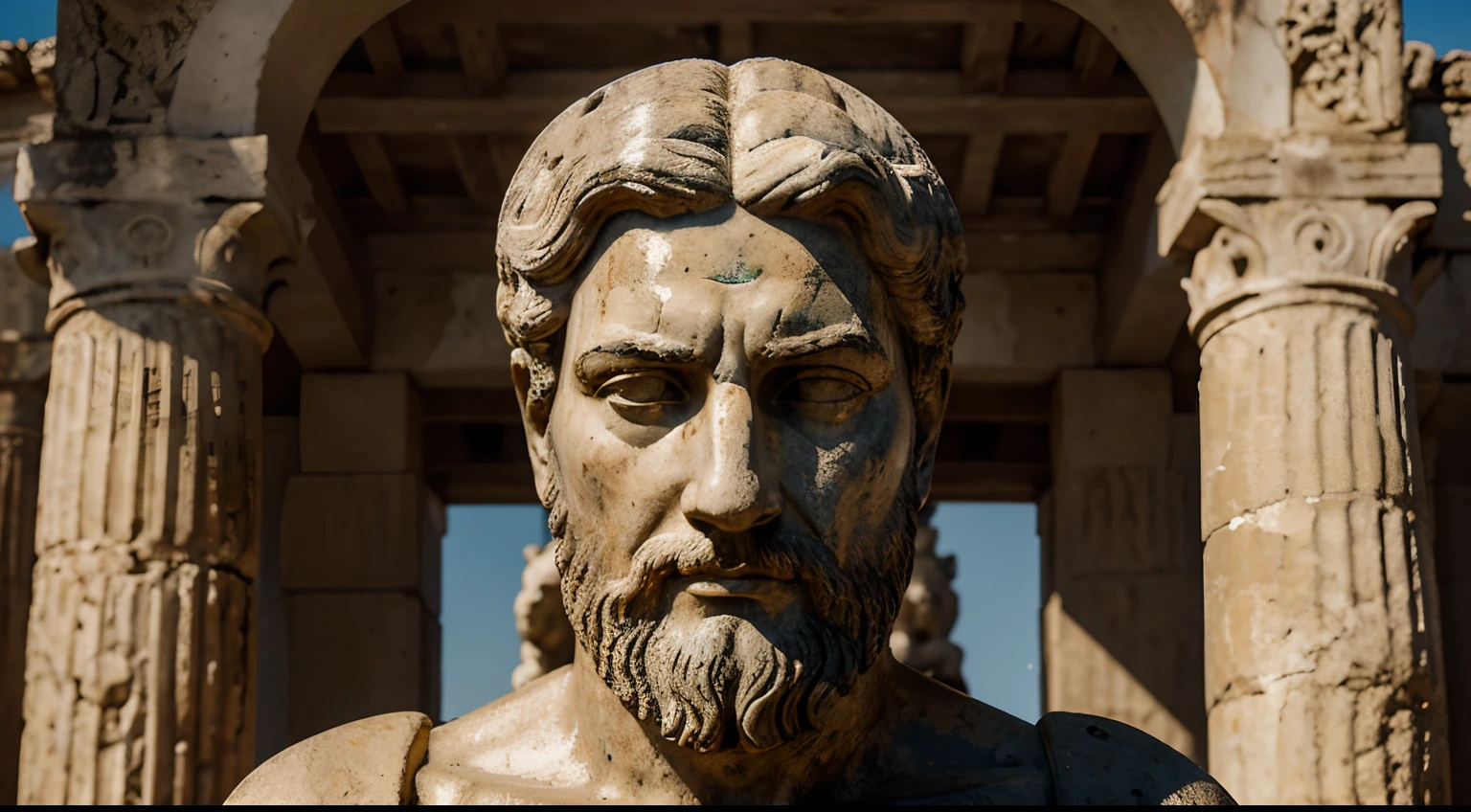 Ancient Stoic Statue With Very Angry Expression, tem barba, muitos detalhes em ambos os olhos, Outside, fundo atenas grego, open sky, com rosto extremamente detalhado full body view, Colors with low saturation with dark tone, Filmado em Sony A7S III com Sony FE 35mm f/1.8, 12.1 MP, --AR 3:2 --estilo cru