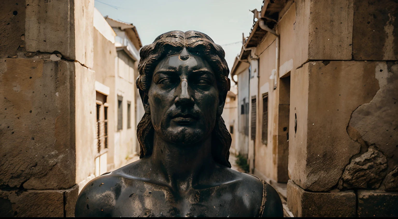 Ancient Stoic Statue With Very Angry Expression, tem barba, muitos detalhes em ambos os olhos, Outside, fundo atenas grego, open sky, com rosto extremamente detalhado full body view, Colors with low saturation with dark tone, Filmado em Sony A7S III com Sony FE 35mm f/1.8, 12.1 MP, --AR 3:2 --estilo cru