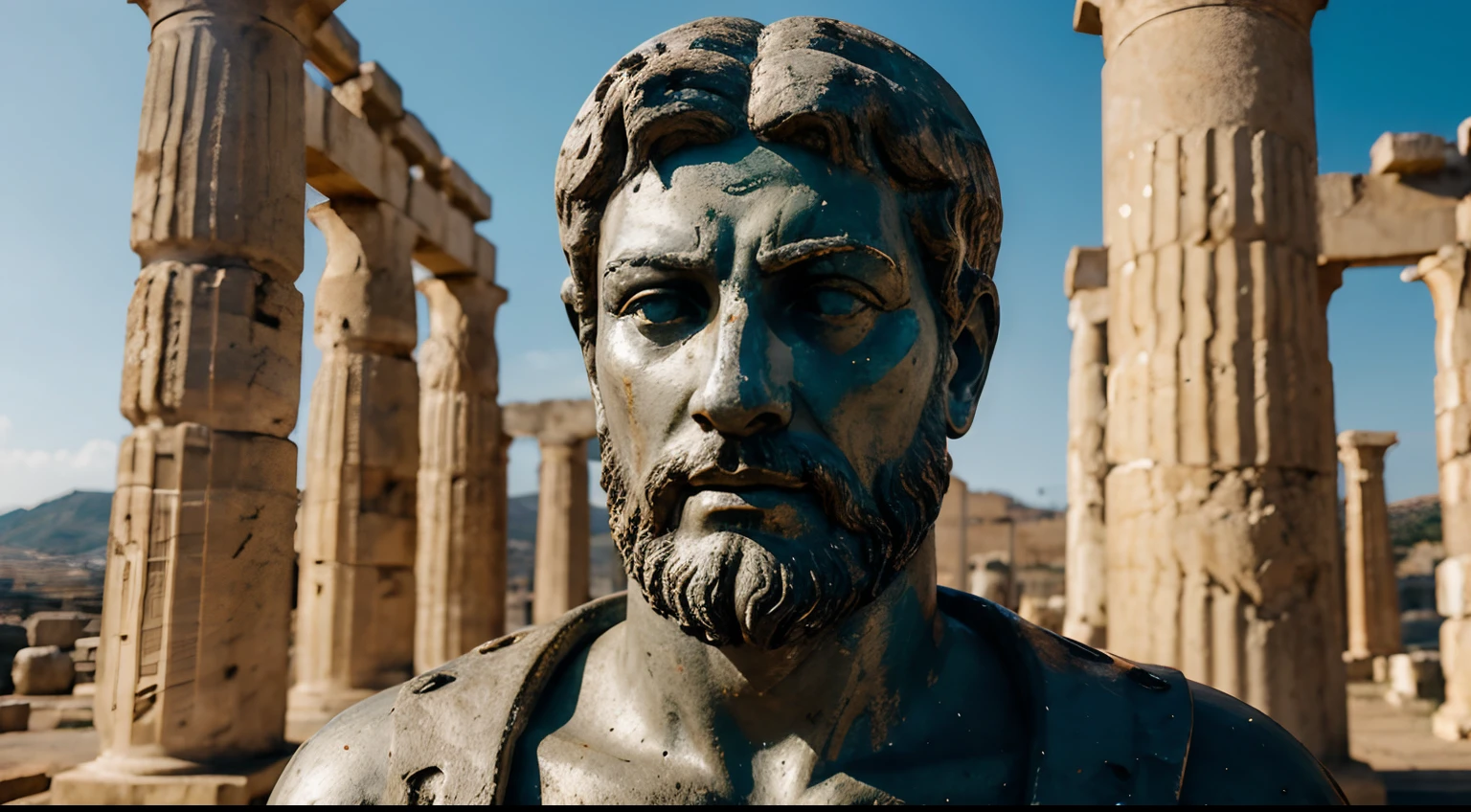 Ancient Stoic Statue With Very Angry Expression, tem barba, muitos detalhes em ambos os olhos, Outside, fundo atenas grego, open sky, com rosto extremamente detalhado full body view, Colors with low saturation with dark tone, Filmado em Sony A7S III com Sony FE 35mm f/1.8, 12.1 MP, --AR 3:2 --estilo cru