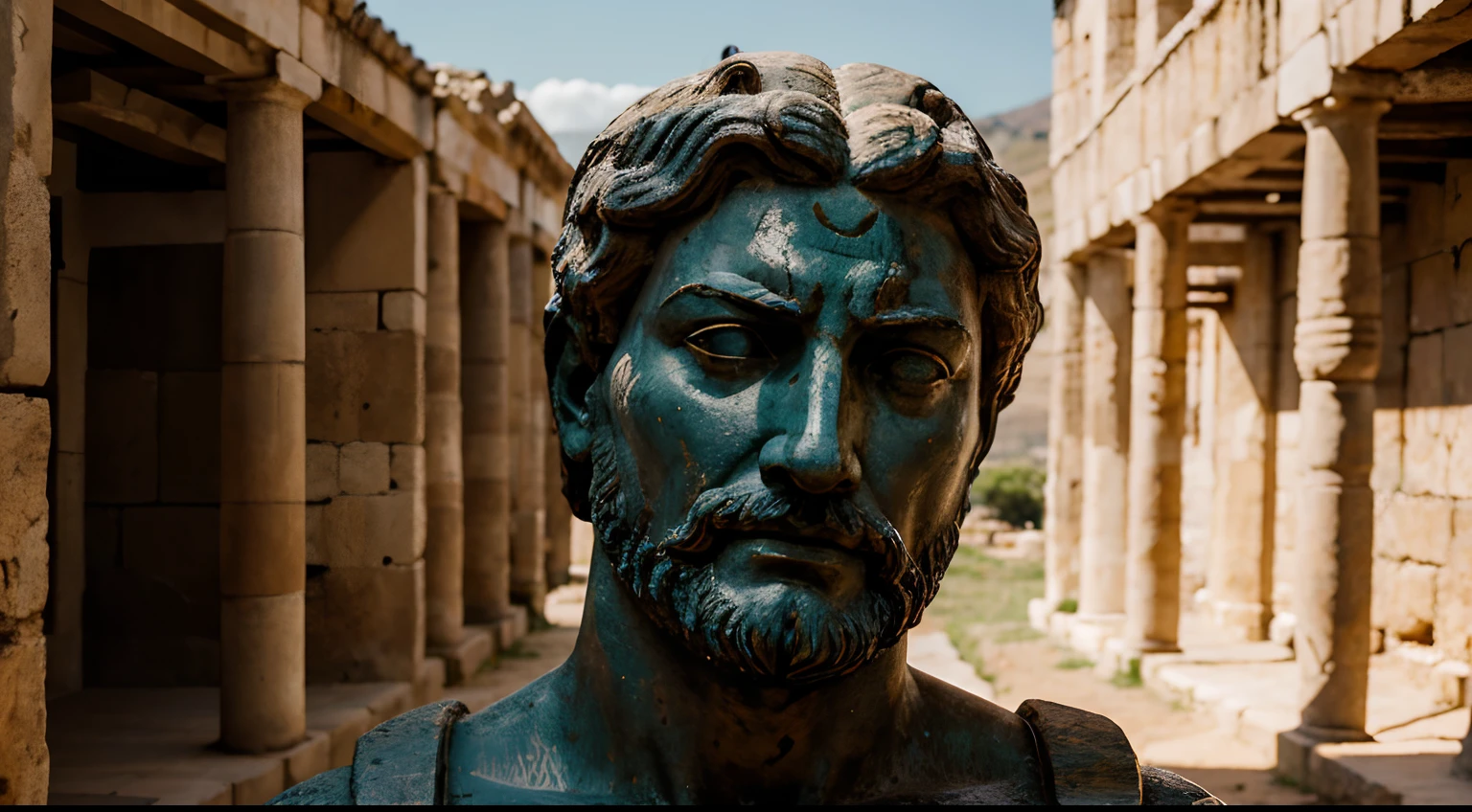 Ancient Stoic Statue With Very Angry Expression, tem barba, muitos detalhes em ambos os olhos, Outside, fundo atenas grego, open sky, com rosto extremamente detalhado full body view, Colors with low saturation with dark tone, Filmado em Sony A7S III com Sony FE 35mm f/1.8, 12.1 MP, --AR 3:2 --estilo cru