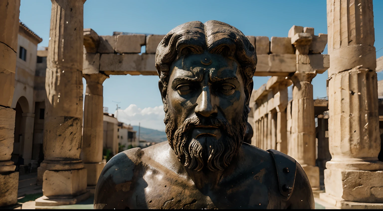 Ancient Stoic Statue With Very Angry Expression, tem barba, muitos detalhes em ambos os olhos, Outside, fundo atenas grego, open sky, com rosto extremamente detalhado full body view, Colors with low saturation with dark tone, Filmado em Sony A7S III com Sony FE 35mm f/1.8, 12.1 MP, --AR 3:2 --estilo cru