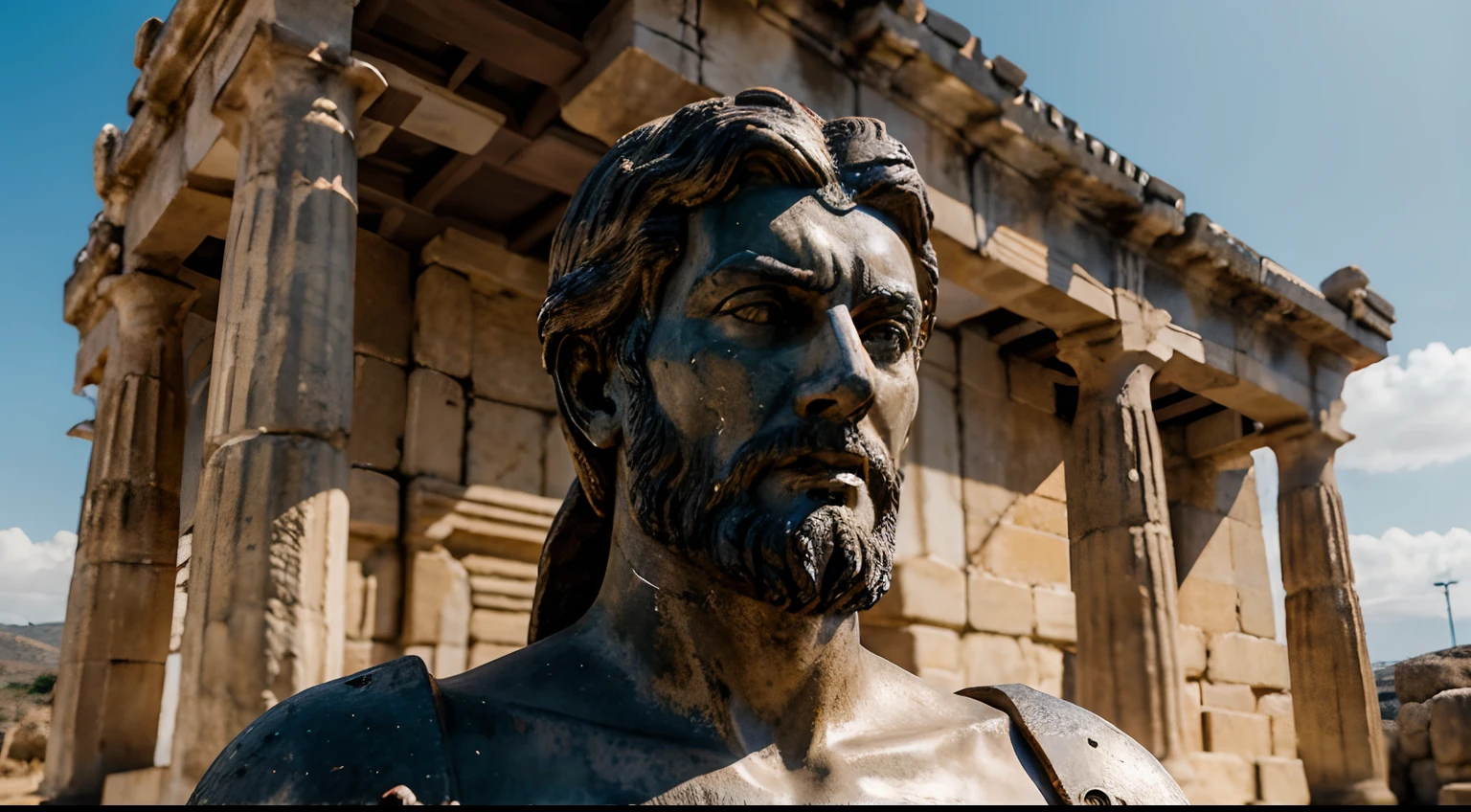 Ancient Stoic Statue With Very Angry Expression, tem barba, muitos detalhes em ambos os olhos, Outside, fundo atenas grego, open sky, com rosto extremamente detalhado full body view, Colors with low saturation with dark tone, Filmado em Sony A7S III com Sony FE 35mm f/1.8, 12.1 MP, --AR 3:2 --estilo cru