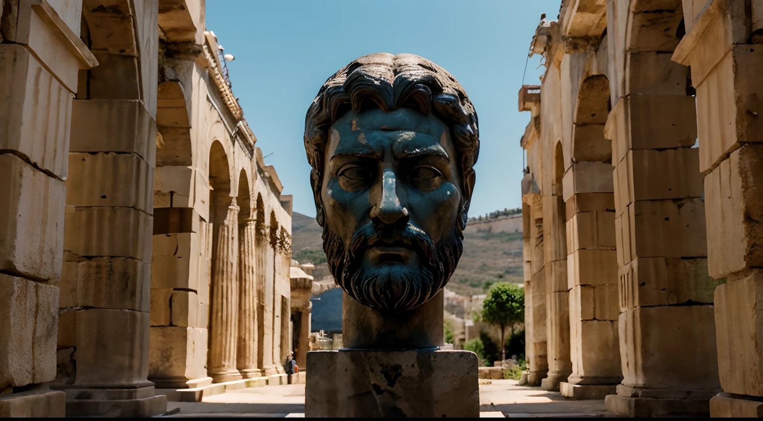 Ancient Stoic Statue With Very Angry Expression, tem barba, muitos detalhes em ambos os olhos, Outside, fundo atenas grego, open sky, com rosto extremamente detalhado full body view, Colors with low saturation with dark tone, Filmado em Sony A7S III com Sony FE 35mm f/1.8, 12.1 MP, --AR 3:2 --estilo cru
