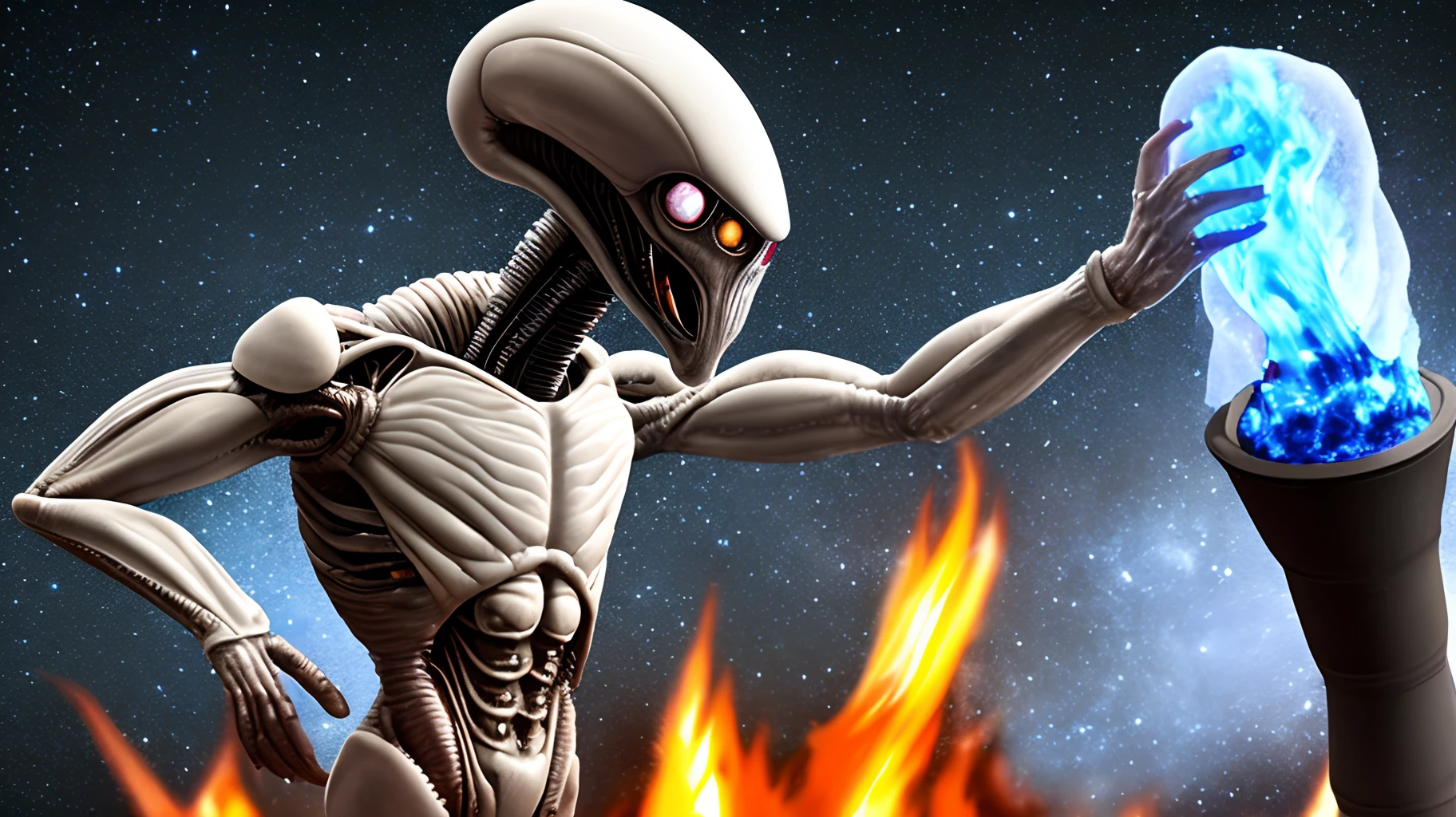 Alien with fire and ice behind him