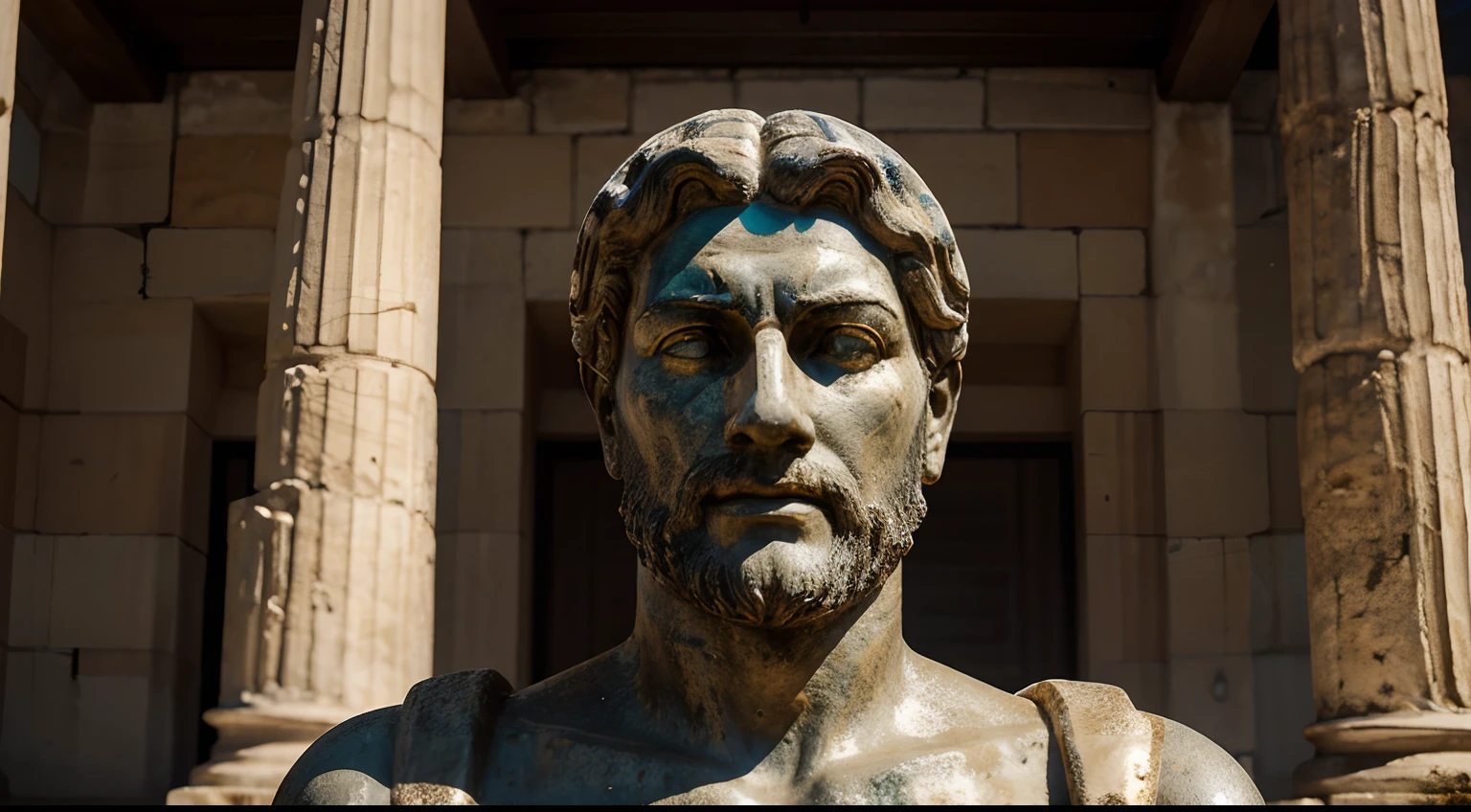 Ancient Stoic Statue With Very Angry Expression, tem barba, muitos detalhes em ambos os olhos, Outside, fundo atenas grego, open sky, com rosto extremamente detalhado full body view, Colors with low saturation with dark tone, Filmado em Sony A7S III com Sony FE 35mm f/1.8, 12.1 MP, --AR 3:2 --estilo cru