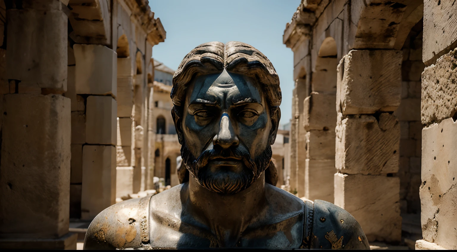 Ancient Stoic Statue With Very Angry Expression, tem barba, muitos detalhes em ambos os olhos, Outside, fundo atenas grego, open sky, com rosto extremamente detalhado full body view, Colors with low saturation with dark tone, Filmado em Sony A7S III com Sony FE 35mm f/1.8, 12.1 MP, --AR 3:2 --estilo cru