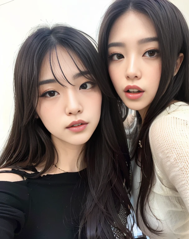 Two Asian women posing for a photo with red lipstick, Ulzzang, both have red lips, maquiagem sul-coreana popular, maquiagem coreana popular, com preto, korean face features, with a twin, Jaeyeon Nam, olhos vermelhos e um rosto magro, faint red lips, Rostos lindos, Nixeu e Sakimichan, Duas meninas, 🔞🤡