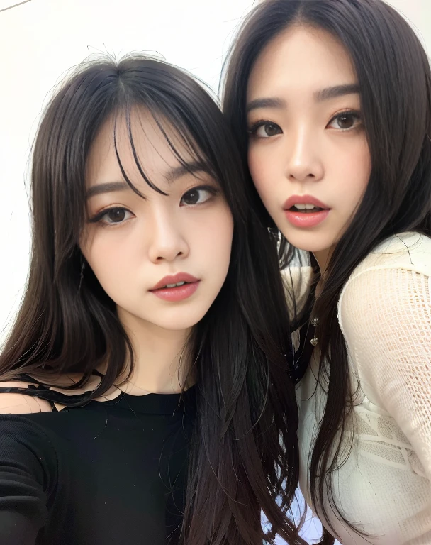 Two Asian women posing for a photo with red lipstick, Ulzzang, both have red lips, maquiagem sul-coreana popular, maquiagem coreana popular, com preto, korean face features, with a twin, Jaeyeon Nam, olhos vermelhos e um rosto magro, faint red lips, Rostos lindos, Nixeu e Sakimichan, Duas meninas, 🔞🤡