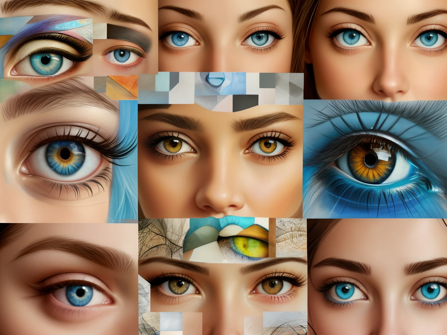 a close up of a collage of different colored eyes, eyes everywhere, grid montage of eyes, hyperrealistic eyes, many eyes, hyperrealism art, photorealistic eyes, eyes in different directions, expressive eyes. symmetry, eyes realistic, expressive eyes, hyperrealistic mixed media, multiple eyes, photorealism art, detailed realisitc eyes, fine art hyperrealism