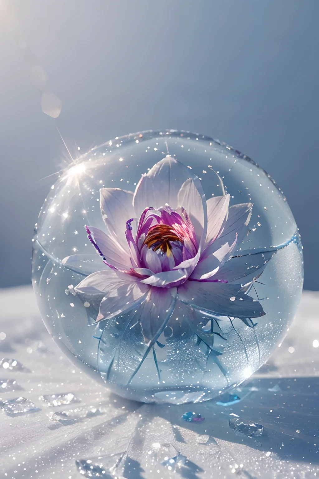 (best quality,ultra-detailed,realistic:1.37),frozen flower in an ice ball,transparent ice,beautiful detailed petals,delicate ice crystals,sparkling frost,subtle reflections,crystallized beauty,icy perfection,chilled elegance,vibrant colors,ethereal atmosphere,soft diffused light