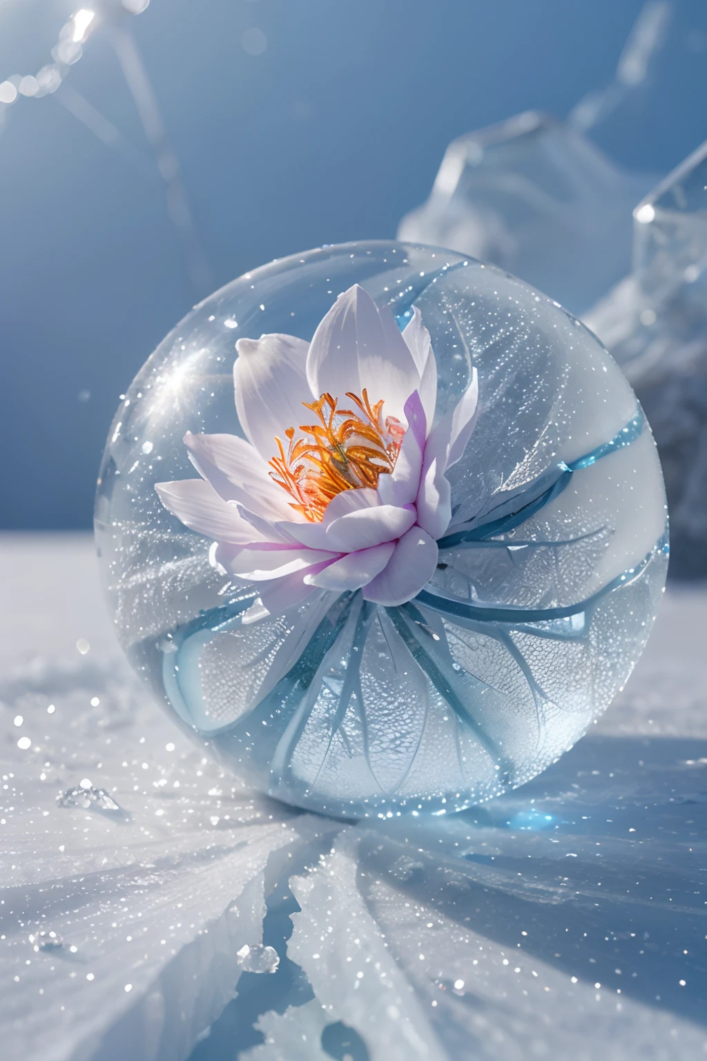 (best quality,ultra-detailed,realistic:1.37),frozen flower in an ice ball,transparent ice,beautiful detailed petals,delicate ice crystals,sparkling frost,subtle reflections,crystallized beauty,icy perfection,chilled elegance,vibrant colors,ethereal atmosphere,soft diffused light