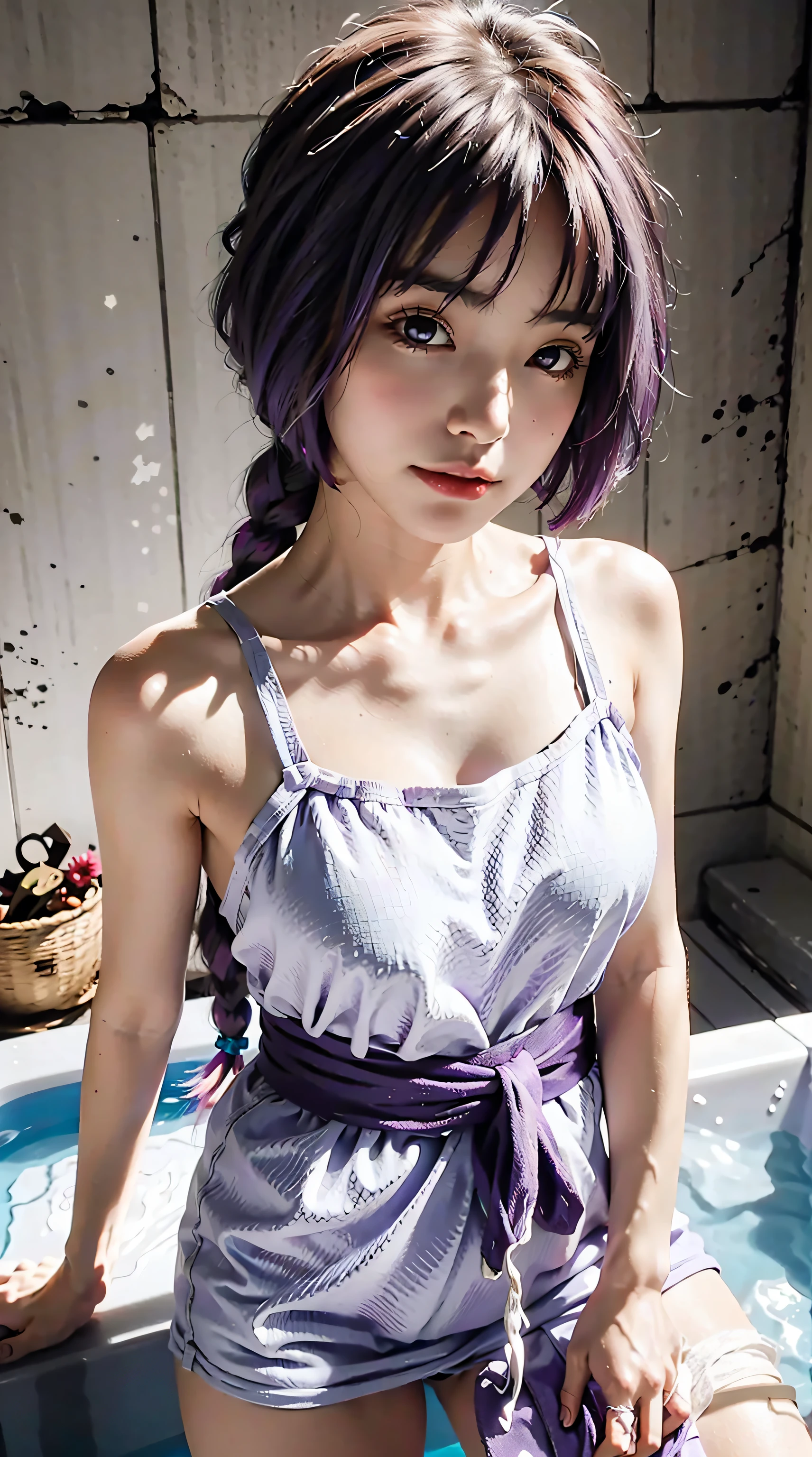 sumire kakei, single braid, purple hair, beauty, beautiful woman, perfect body, perfect breasts, using a towel, towel, white towel, in the bathroom, bathtub, shower, looking at the viewer, realism, a slight smile, masterpiece, skin textured, super detail, high detail, high quality, best quality, 1080p, 16k