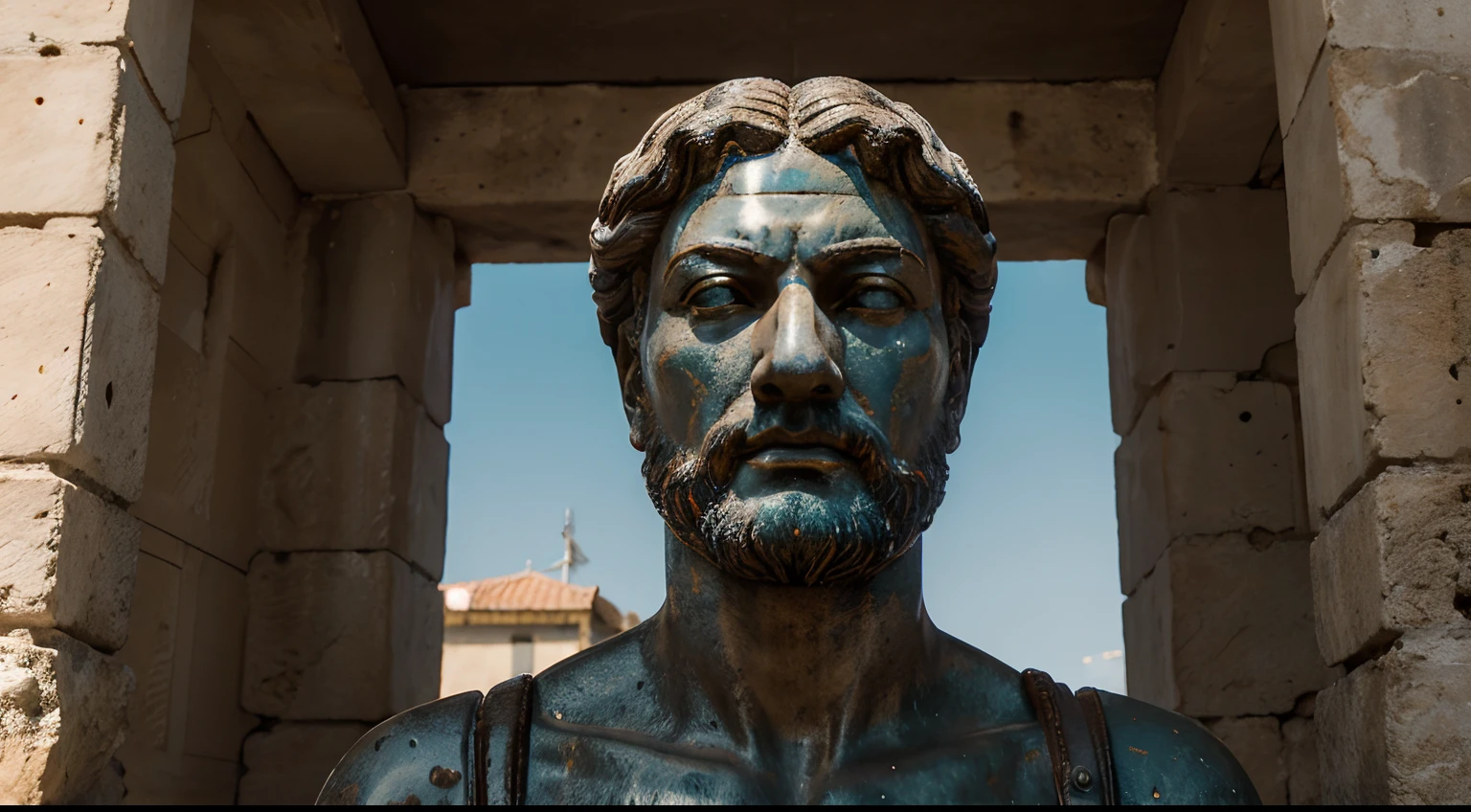 Ancient Stoic Statue With Very Angry Expression, tem barba, muitos detalhes em ambos os olhos, Outside, fundo atenas grego, open sky, com rosto extremamente detalhado full body view, Colors with low saturation with dark tone, Filmado em Sony A7S III com Sony FE 35mm f/1.8, 12.1 MP, --AR 3:2 --estilo cru