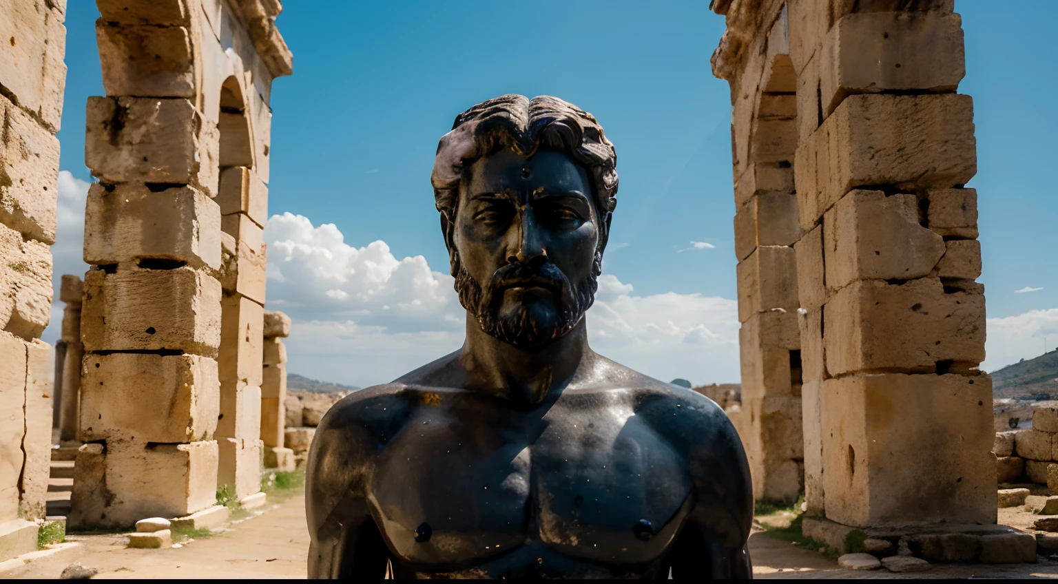 Ancient Stoic Statue With Very Angry Expression, tem barba, muitos detalhes em ambos os olhos, Outside, fundo atenas grego, open sky, com rosto extremamente detalhado full body view, Colors with low saturation with dark tone, Filmado em Sony A7S III com Sony FE 35mm f/1.8, 12.1 MP, --AR 3:2 --estilo cru