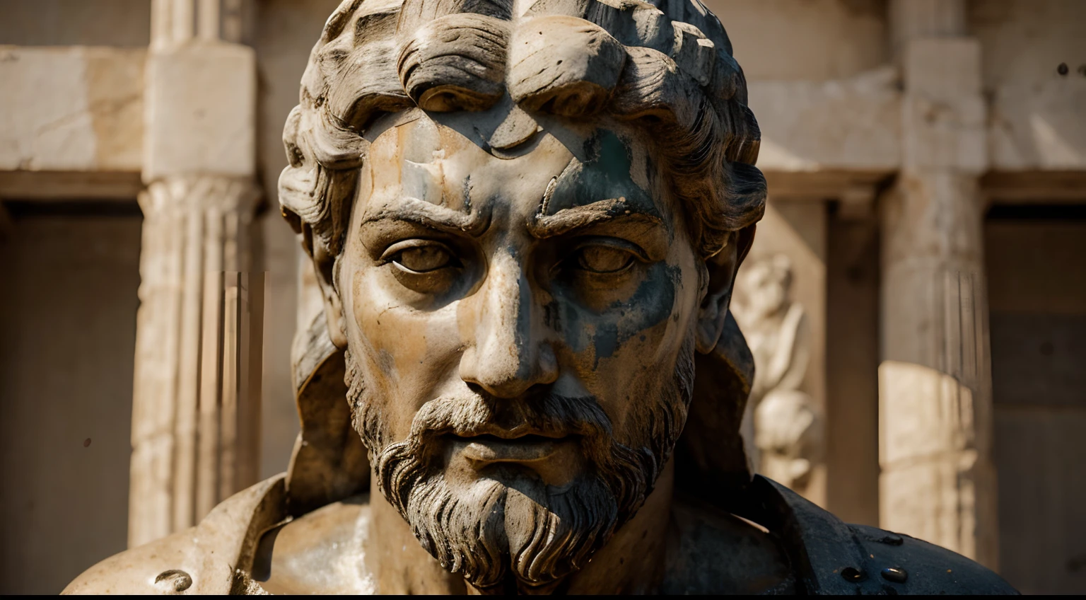 Ancient Stoic Statue With Very Angry Expression, tem barba, muitos detalhes em ambos os olhos, Outside, fundo atenas grego, open sky, com rosto extremamente detalhado full body view, Colors with low saturation with dark tone, Filmado em Sony A7S III com Sony FE 35mm f/1.8, 12.1 MP, --AR 3:2 --estilo cru