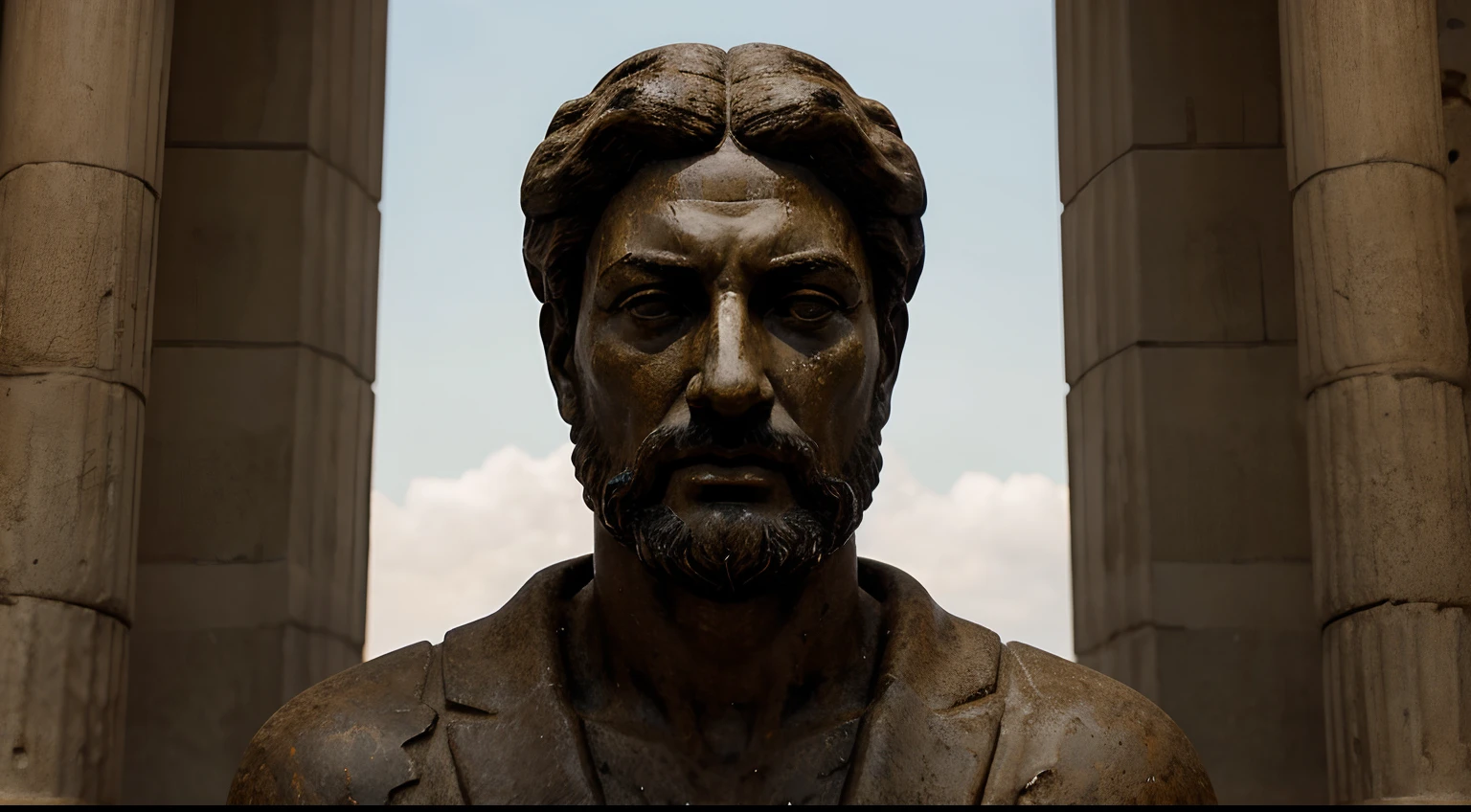 Ancient Stoic Statue With Very Angry Expression, tem barba, muitos detalhes em ambos os olhos, Outside, fundo atenas grego, open sky, com rosto extremamente detalhado full body view, Colors with low saturation with dark tone, Filmado em Sony A7S III com Sony FE 35mm f/1.8, 12.1 MP, --AR 3:2 --estilo cru