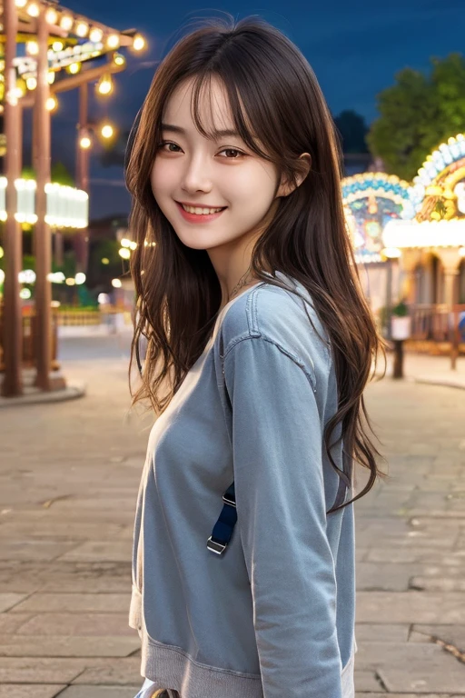 masterpiece, top quality, highly detailed CG Unity 8k wallpaper, cute girl, girlfriend, casual clothes, smile, amusement park, night, detailed background, from the side,