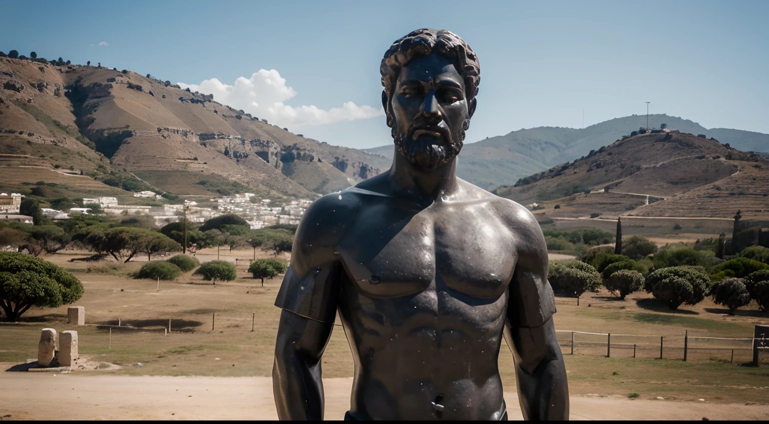 Ancient Stoic Statue With Very Angry Expression, tem barba, muitos detalhes em ambos os olhos, Outside, fundo atenas grego, open sky, com rosto extremamente detalhado full body view, Colors with low saturation with dark tone, Filmado em Sony A7S III com Sony FE 35mm f/1.8, 12.1 MP, --AR 3:2 --estilo cru