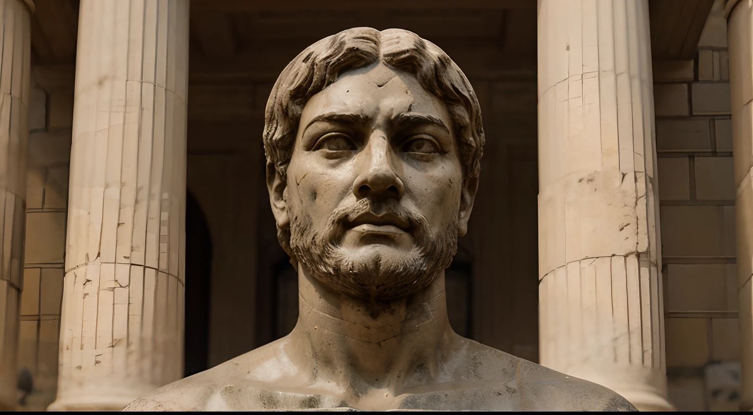 Ancient Stoic Statue With Very Angry Expression, tem barba, muitos detalhes em ambos os olhos, Outside, fundo atenas grego, open sky, com rosto extremamente detalhado full body view, Colors with low saturation with dark tone, Filmado em Sony A7S III com Sony FE 35mm f/1.8, 12.1 MP, --AR 3:2 --estilo cru