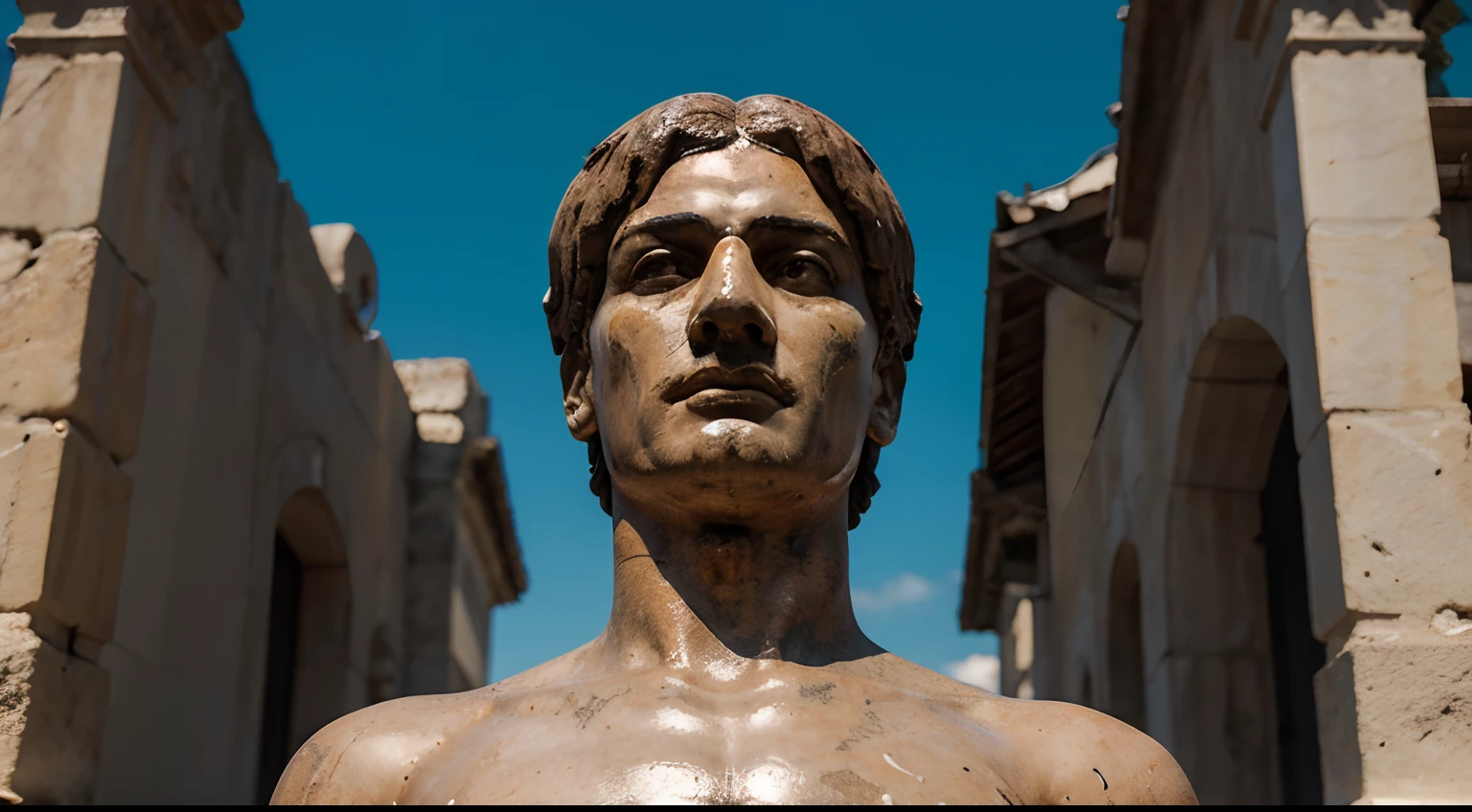 Ancient Stoic Statue With Very Angry Expression, tem barba, muitos detalhes em ambos os olhos, Outside, fundo atenas grego, open sky, com rosto extremamente detalhado full body view, Colors with low saturation with dark tone, Filmado em Sony A7S III com Sony FE 35mm f/1.8, 12.1 MP, --AR 3:2 --estilo cru