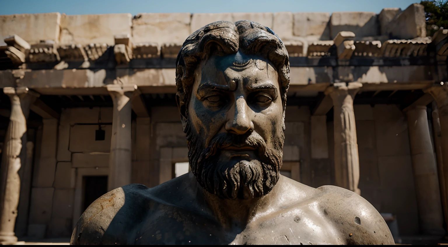 Ancient Stoic Statue With Very Angry Expression, tem barba, muitos detalhes em ambos os olhos, Outside, fundo atenas grego, open sky, com rosto extremamente detalhado full body view, Colors with low saturation with dark tone, Filmado em Sony A7S III com Sony FE 35mm f/1.8, 12.1 MP, --AR 3:2 --estilo cru