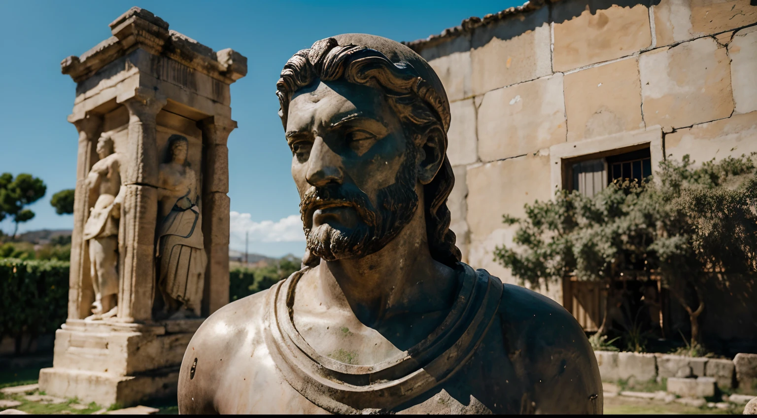 Ancient Stoic Statue With Very Angry Expression, tem barba, muitos detalhes em ambos os olhos, Outside, fundo atenas grego, open sky, com rosto extremamente detalhado full body view, Colors with low saturation with dark tone, Filmado em Sony A7S III com Sony FE 35mm f/1.8, 12.1 MP, --AR 3:2 --estilo cru