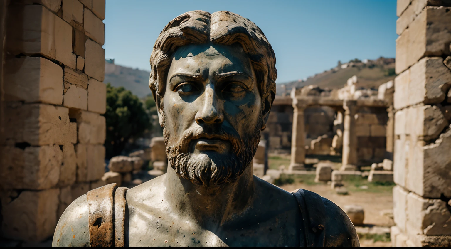 Ancient Stoic Statue With Very Angry Expression, tem barba, muitos detalhes em ambos os olhos, Outside, fundo atenas grego, open sky, com rosto extremamente detalhado full body view, Colors with low saturation with dark tone, Filmado em Sony A7S III com Sony FE 35mm f/1.8, 12.1 MP, --AR 3:2 --estilo cru