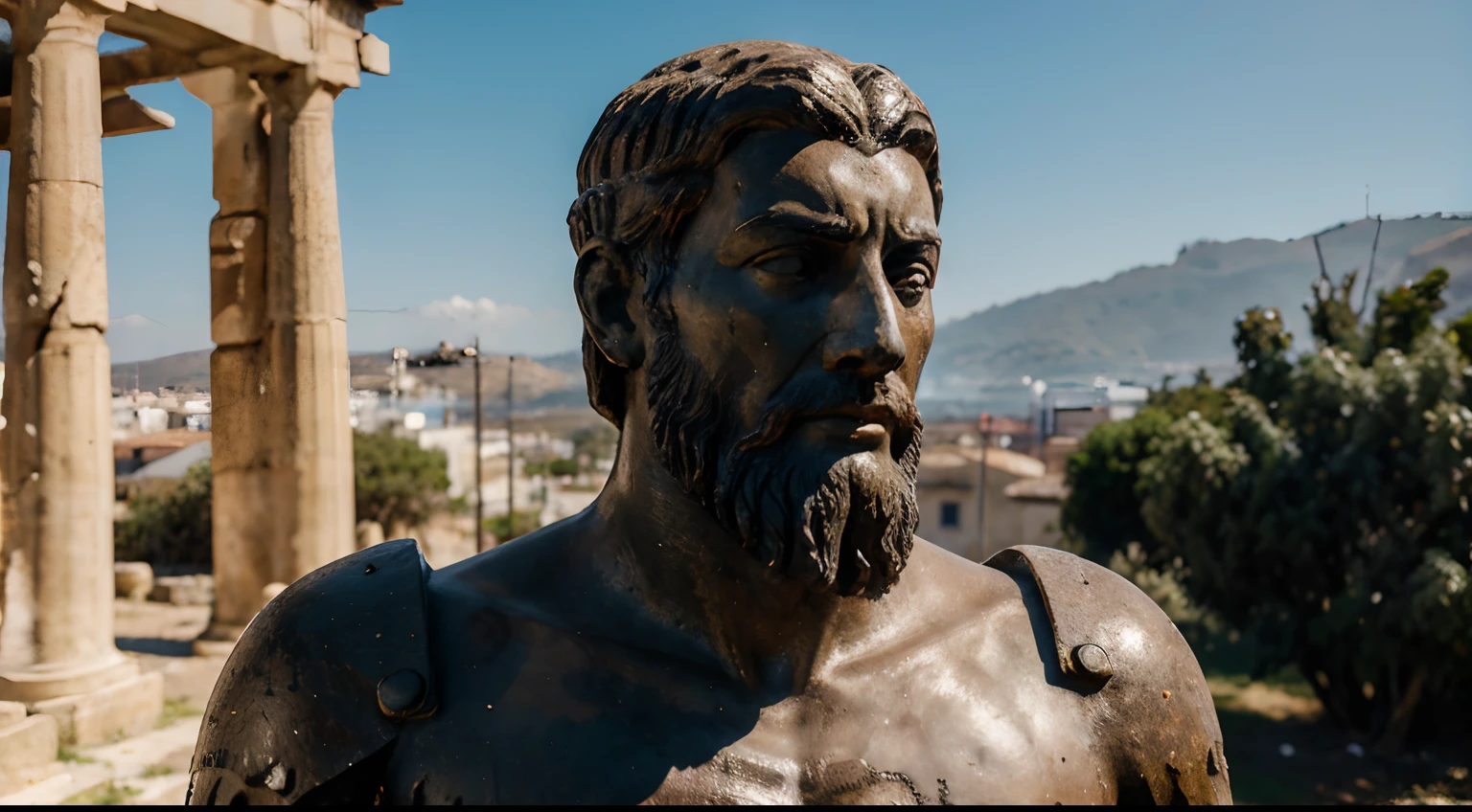 Ancient Stoic Statue With Very Angry Expression, tem barba, muitos detalhes em ambos os olhos, Outside, fundo atenas grego, open sky, com rosto extremamente detalhado full body view, Colors with low saturation with dark tone, Filmado em Sony A7S III com Sony FE 35mm f/1.8, 12.1 MP, --AR 3:2 --estilo cru