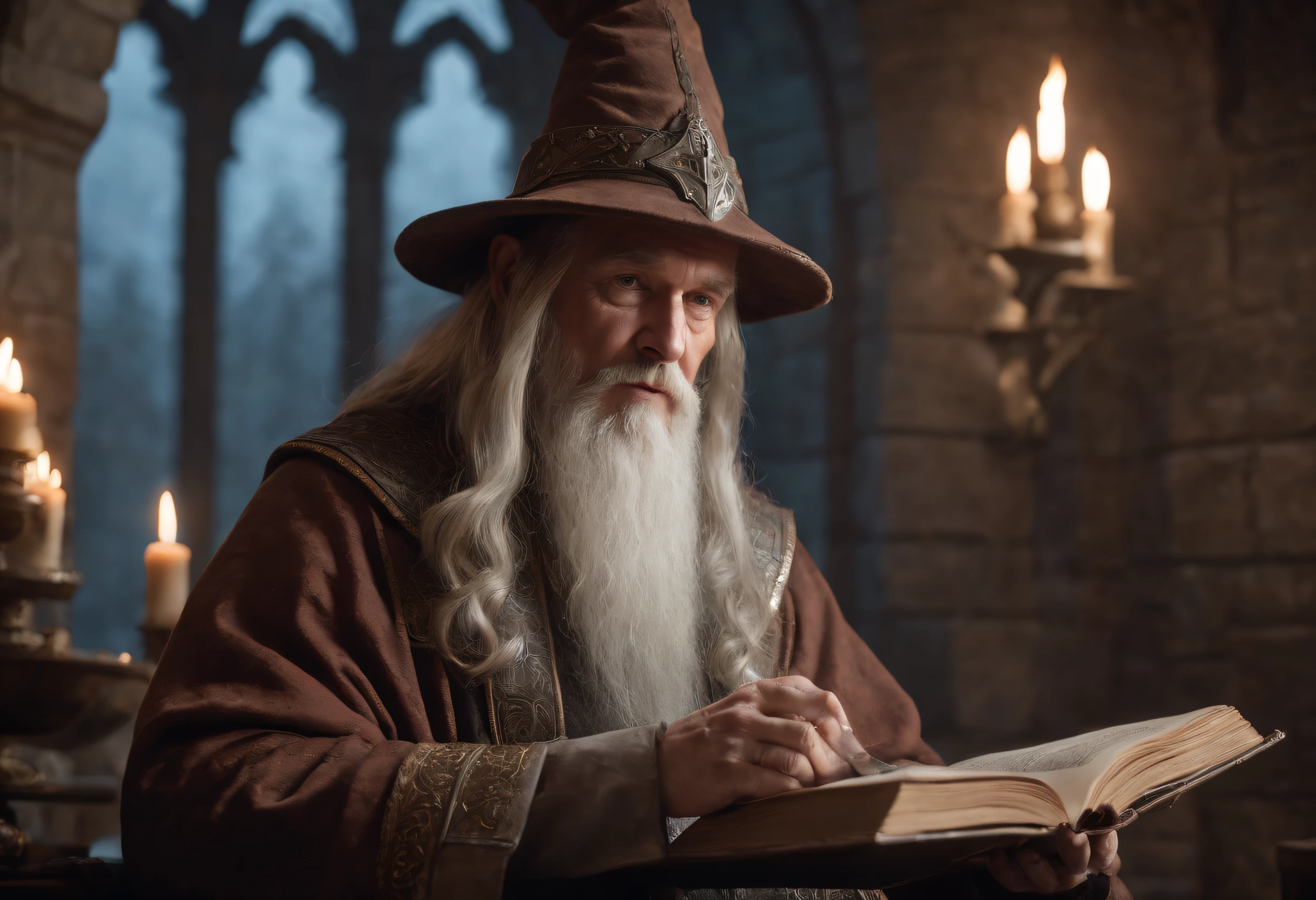Portrait of the Master of Wizards in Dungeons and Dragons, a wise and ancient figure with a flowing, silver beard and a majestic, pointy hat adorned with celestial symbols. The wizard is seated in a grand library, surrounded by towering bookshelves filled with mystical tomes and artifacts. The ambient, soft light from floating enchanted orbs illuminates the details of the wizard's ancient, leather-bound grimoire. The atmosphere is filled with an air of arcane energy, captured through the subtle glow of spell runes in the background. The wizard's gaze is intense and contemplative, hinting at the vast knowledge and secrets held within the recesses of the magical realm. Shot with a high-resolution camera, capturing every intricate detail of the wizard's attire, from the intricate stitching of the robes to the faint shimmer of magical dust in the air. The composition should convey both the wisdom and power of this Dungeons and Dragons archetype, creating a timeless and iconic portrait. --v 5 --q 2 --ar 3:4
