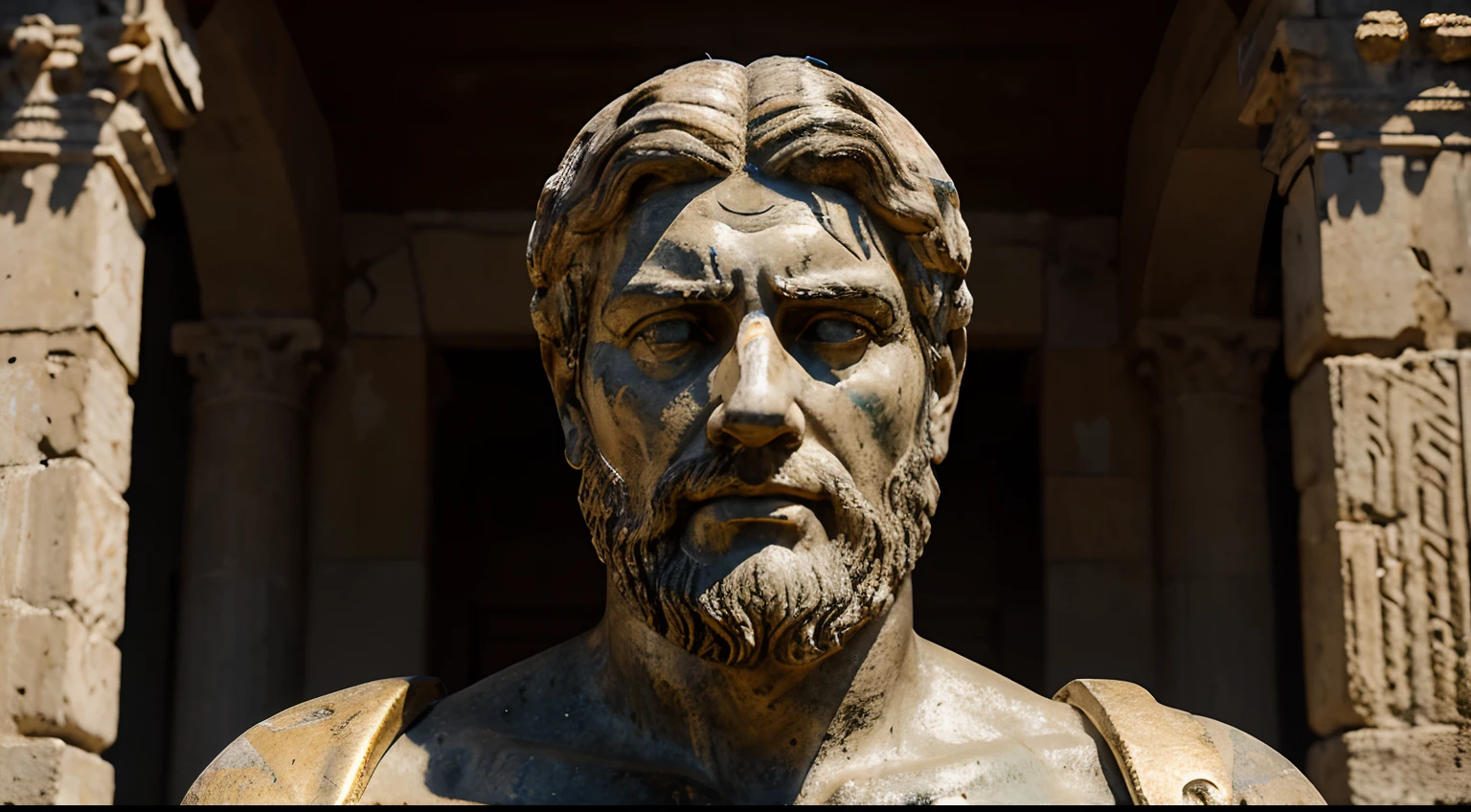 Ancient Stoic Statue With Very Angry Expression, tem barba, muitos detalhes em ambos os olhos, Outside, fundo atenas grego, open sky, com rosto extremamente detalhado full body view, Colors with low saturation with dark tone, Filmado em Sony A7S III com Sony FE 35mm f/1.8, 12.1 MP, --AR 3:2 --estilo cru