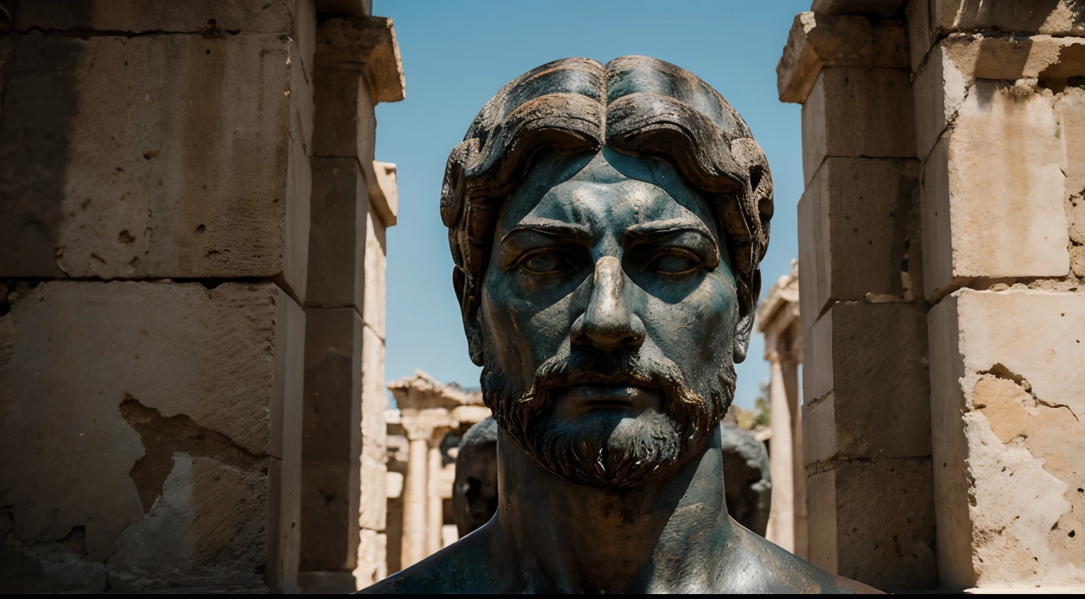 Ancient Stoic Statue With Very Angry Expression, tem barba, muitos detalhes em ambos os olhos, Outside, fundo atenas grego, open sky, com rosto extremamente detalhado full body view, Colors with low saturation with dark tone, Filmado em Sony A7S III com Sony FE 35mm f/1.8, 12.1 MP, --AR 3:2 --estilo cru