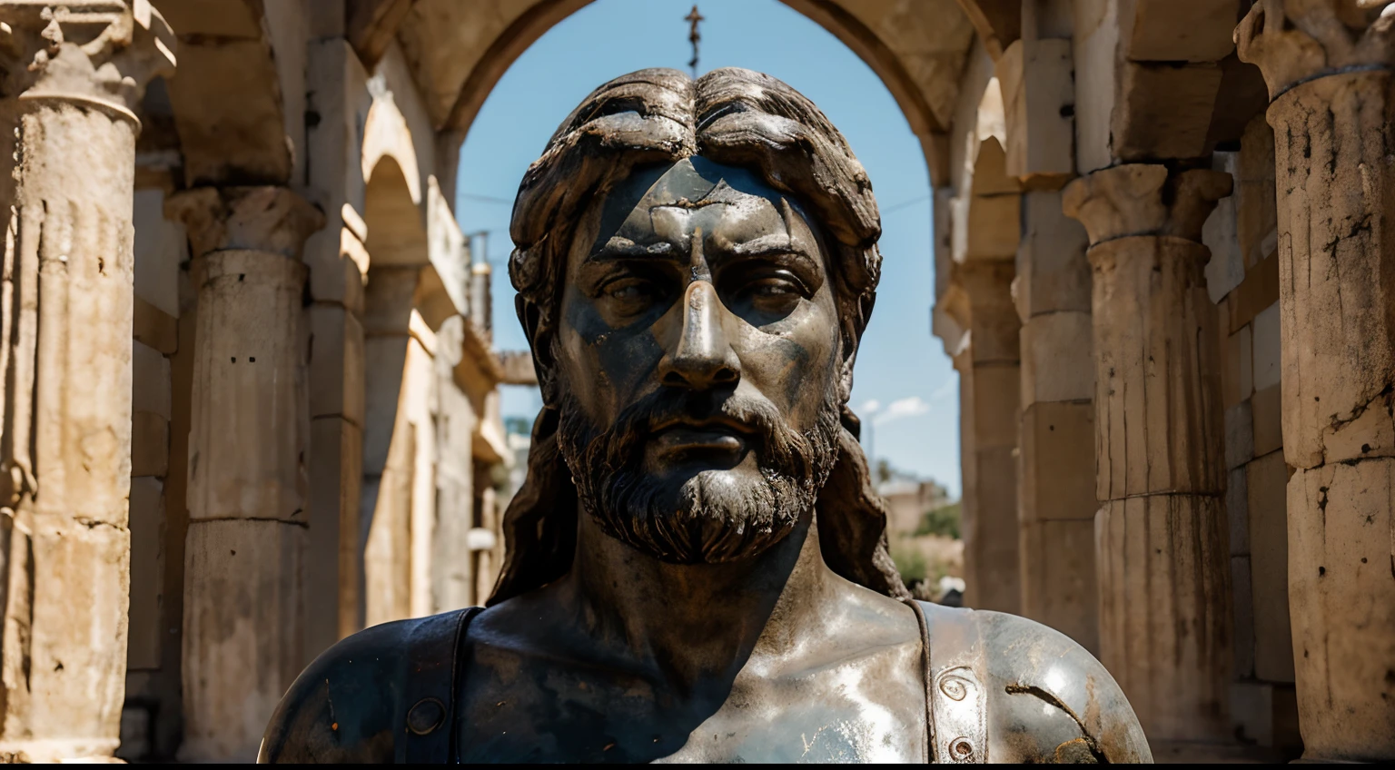 Ancient Stoic Statue With Very Angry Expression, tem barba, muitos detalhes em ambos os olhos, Outside, fundo atenas grego, open sky, com rosto extremamente detalhado full body view, Colors with low saturation with dark tone, Filmado em Sony A7S III com Sony FE 35mm f/1.8, 12.1 MP, --AR 3:2 --estilo cru