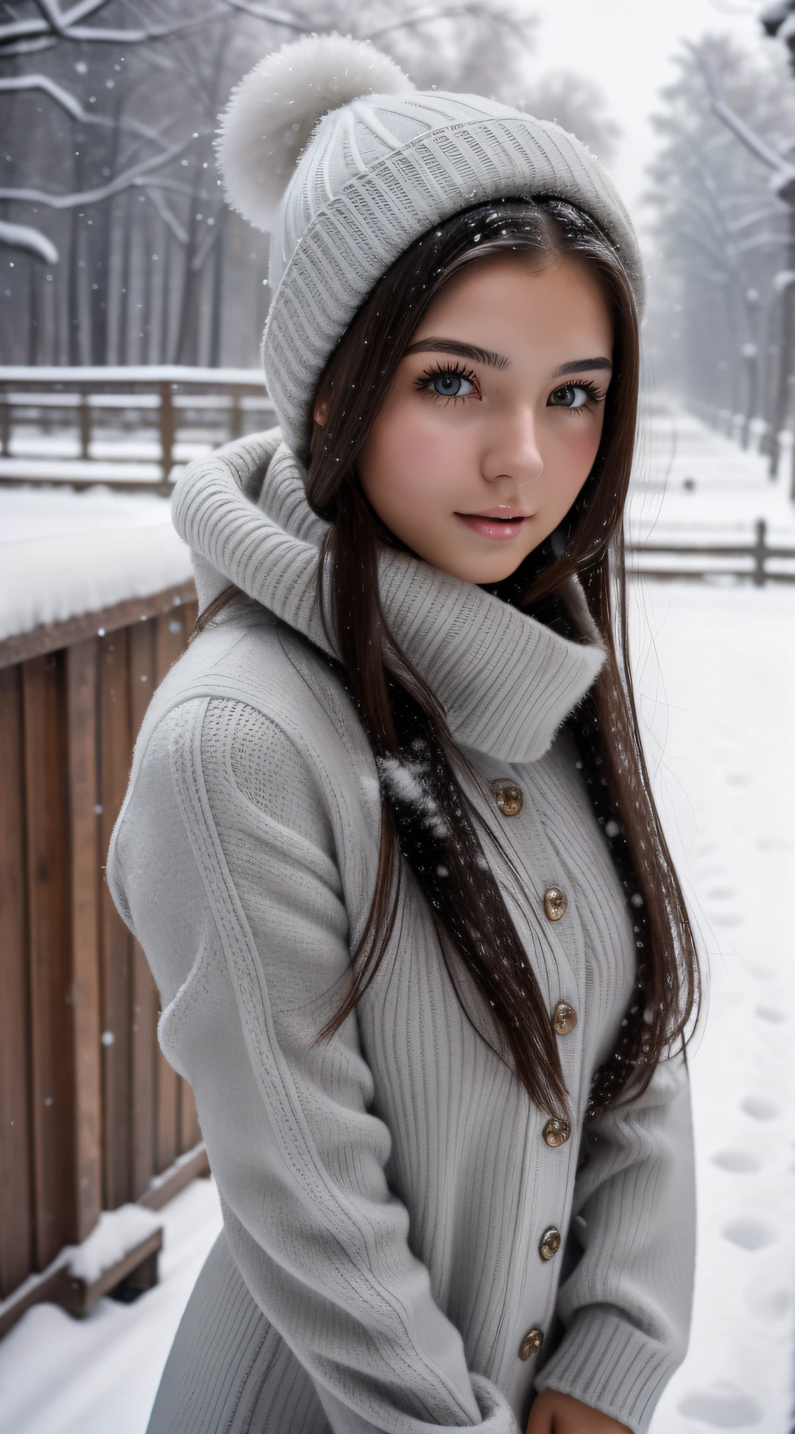 1girl, Beautiful Ukraine brunette 21-year-old girl, long shiny hair, white skin, Grey eyes in snowy wonderland, winter snow outfit sexy, large breasts.