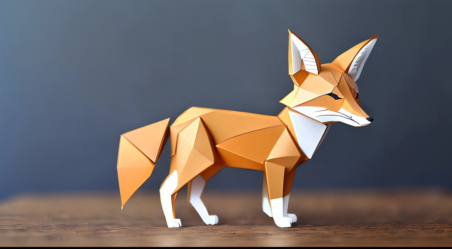 Close-up of paper fox, sitting on the table, Paper Craft Low Poly, Stylized appearance, Fox-like, vixen, The Art of Paper Modeling, The Art of Fox Carving, Cute fox, Paper art, digital fox, Tonic Fox, an anthropomorphic fox, Miniature Fox, Paper Origami, Made of paper, an anthropomorphic fox, Trehhvostaya fox