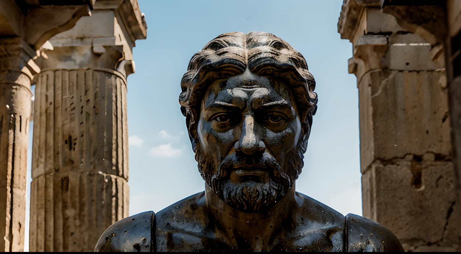 Ancient Stoic Statue With Very Angry Expression, tem barba, muitos detalhes em ambos os olhos, Outside, fundo atenas grego, open sky, com rosto extremamente detalhado full body view, Colors with low saturation with dark tone, Filmado em Sony A7S III com Sony FE 35mm f/1.8, 12.1 MP, --AR 3:2 --estilo cru
