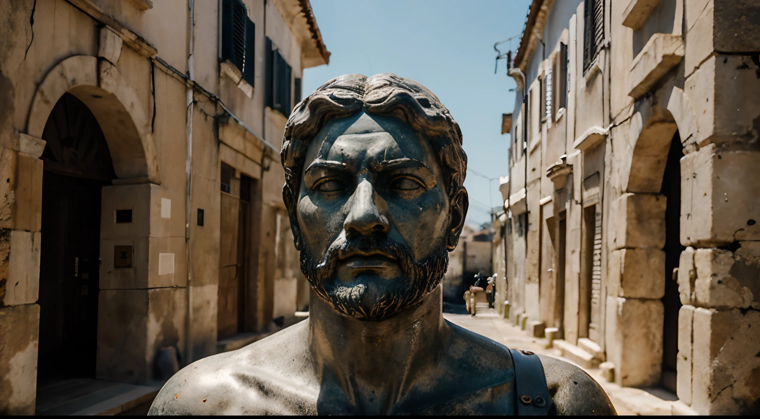 Ancient Stoic Statue With Very Angry Expression, tem barba, muitos detalhes em ambos os olhos, Outside, fundo atenas grego, open sky, com rosto extremamente detalhado full body view, Colors with low saturation with dark tone, Filmado em Sony A7S III com Sony FE 35mm f/1.8, 12.1 MP, --AR 3:2 --estilo cru