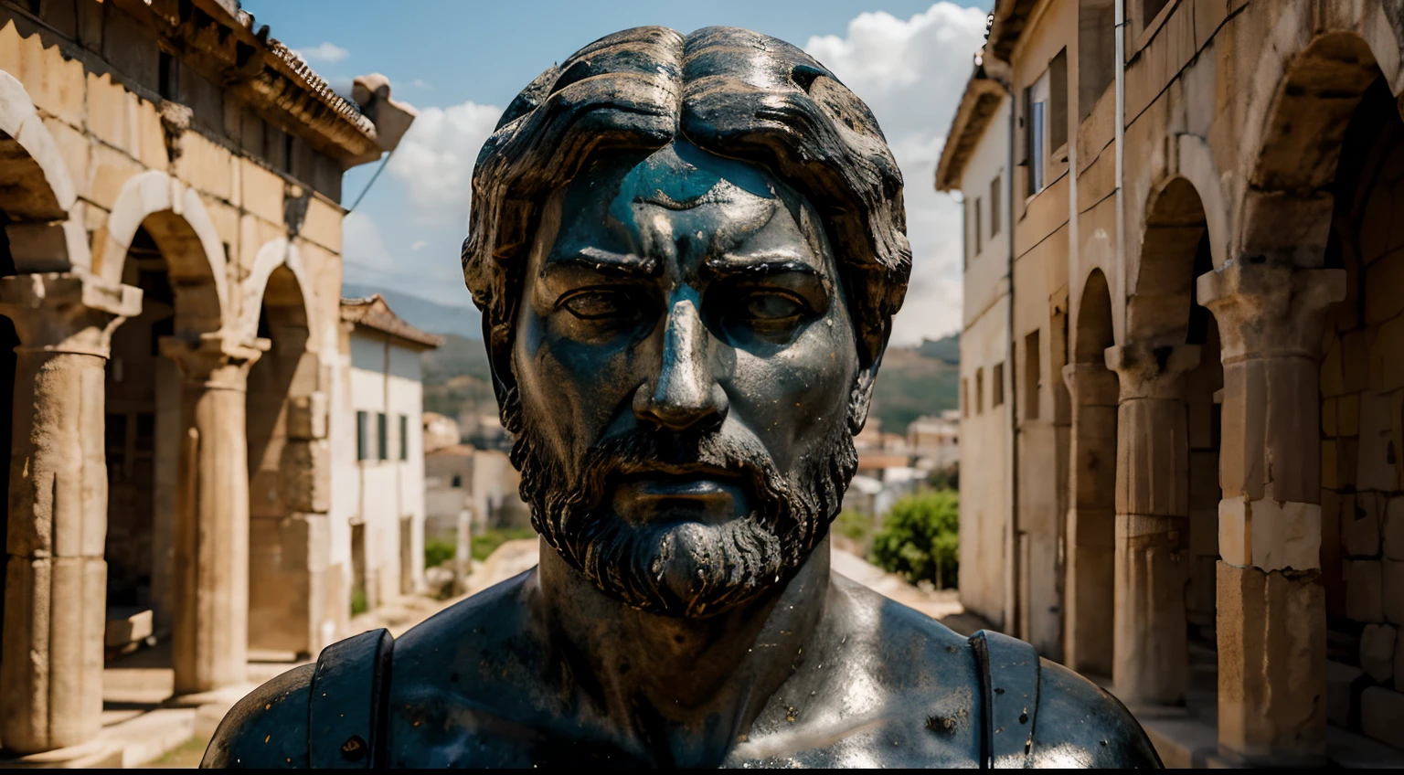 Ancient Stoic Statue With Very Angry Expression, tem barba, muitos detalhes em ambos os olhos, Outside, fundo atenas grego, open sky, com rosto extremamente detalhado full body view, Colors with low saturation with dark tone, Filmado em Sony A7S III com Sony FE 35mm f/1.8, 12.1 MP, --AR 3:2 --estilo cru