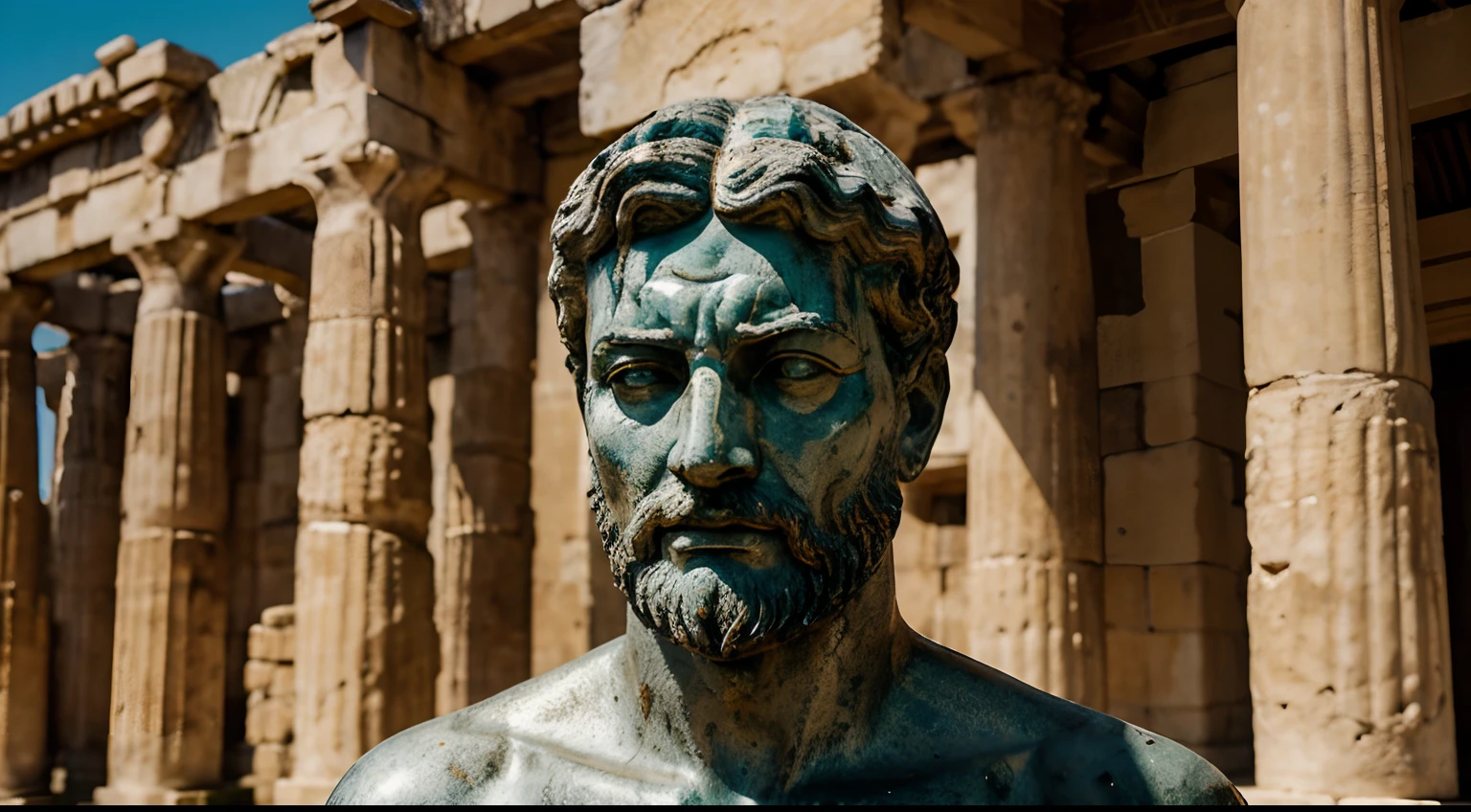 Ancient Stoic Statue With Very Angry Expression, tem barba, muitos detalhes em ambos os olhos, Outside, fundo atenas grego, open sky, com rosto extremamente detalhado full body view, Colors with low saturation with dark tone, Filmado em Sony A7S III com Sony FE 35mm f/1.8, 12.1 MP, --AR 3:2 --estilo cru