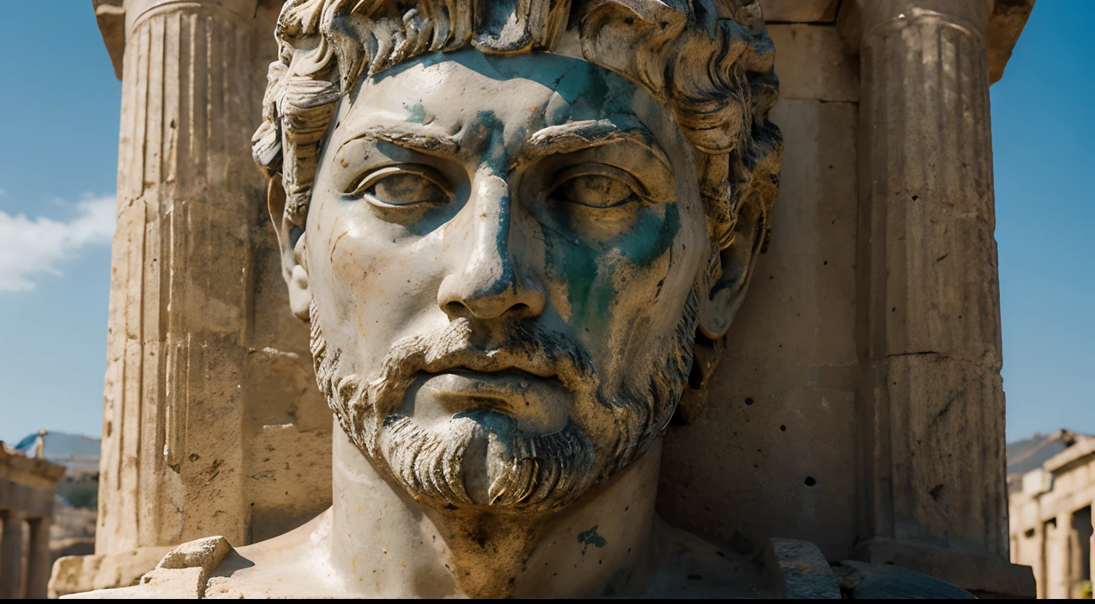 Ancient Stoic Statue With Very Angry Expression, tem barba, muitos detalhes em ambos os olhos, Outside, fundo atenas grego, open sky, com rosto extremamente detalhado full body view, Colors with low saturation with dark tone, Filmado em Sony A7S III com Sony FE 35mm f/1.8, 12.1 MP, --AR 3:2 --estilo cru