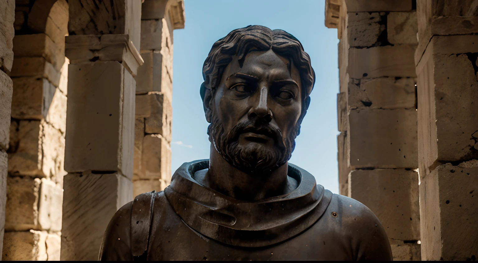 Ancient Stoic Statue With Very Angry Expression, tem barba, muitos detalhes em ambos os olhos, Outside, fundo atenas grego, open sky, com rosto extremamente detalhado full body view, Colors with low saturation with dark tone, Filmado em Sony A7S III com Sony FE 35mm f/1.8, 12.1 MP, --AR 3:2 --estilo cru