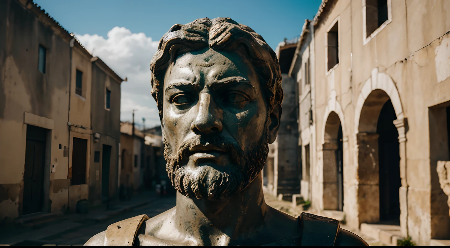 Ancient Stoic Statue With Very Angry Expression, tem barba, muitos detalhes em ambos os olhos, Outside, fundo atenas grego, open sky, com rosto extremamente detalhado full body view, Colors with low saturation with dark tone, Filmado em Sony A7S III com Sony FE 35mm f/1.8, 12.1 MP, --AR 3:2 --estilo cru