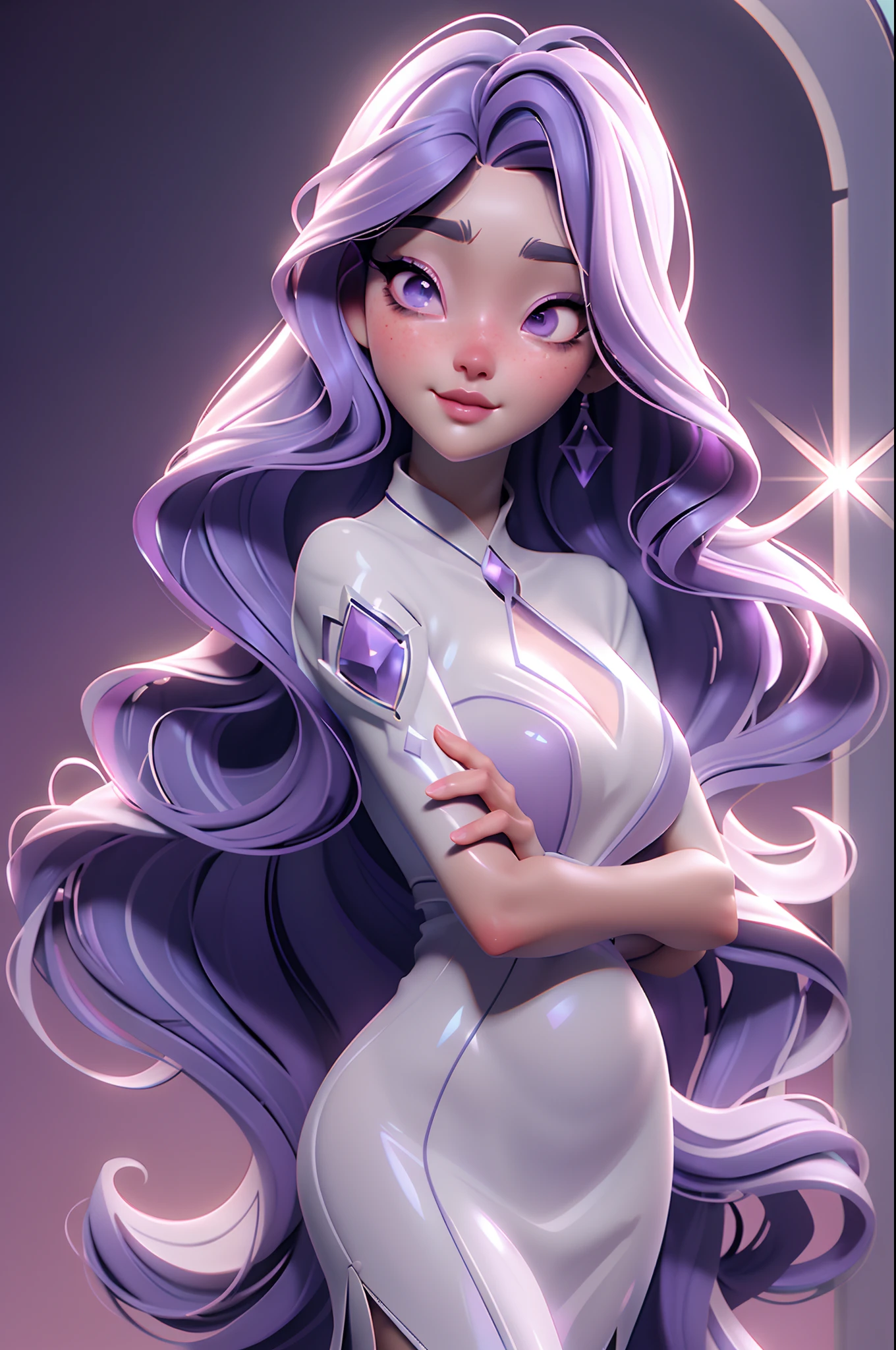 Stained glass style art of full body portrait of the beautiful goddess Aphrodite with long wavy purple diamond hair, wearing a high neck dress 、Photorealsitic、highcontrast、Highly detailed background, Realistic,ultra-detailliert, super detailed skin, dark makeup blush pink lips, eyeliner, eyelashes, black eyes, light detailed eyes, soft smile, light glow, Film grain, Expro II, Lens Flare, Sharpen, cinematic shadow, Highly detailed background, Realistic,ultra-detailliert, super detailed skin, light glow, Film grain, Expro II, Lens Flare, Sharpen, cinematic shadow, anime face